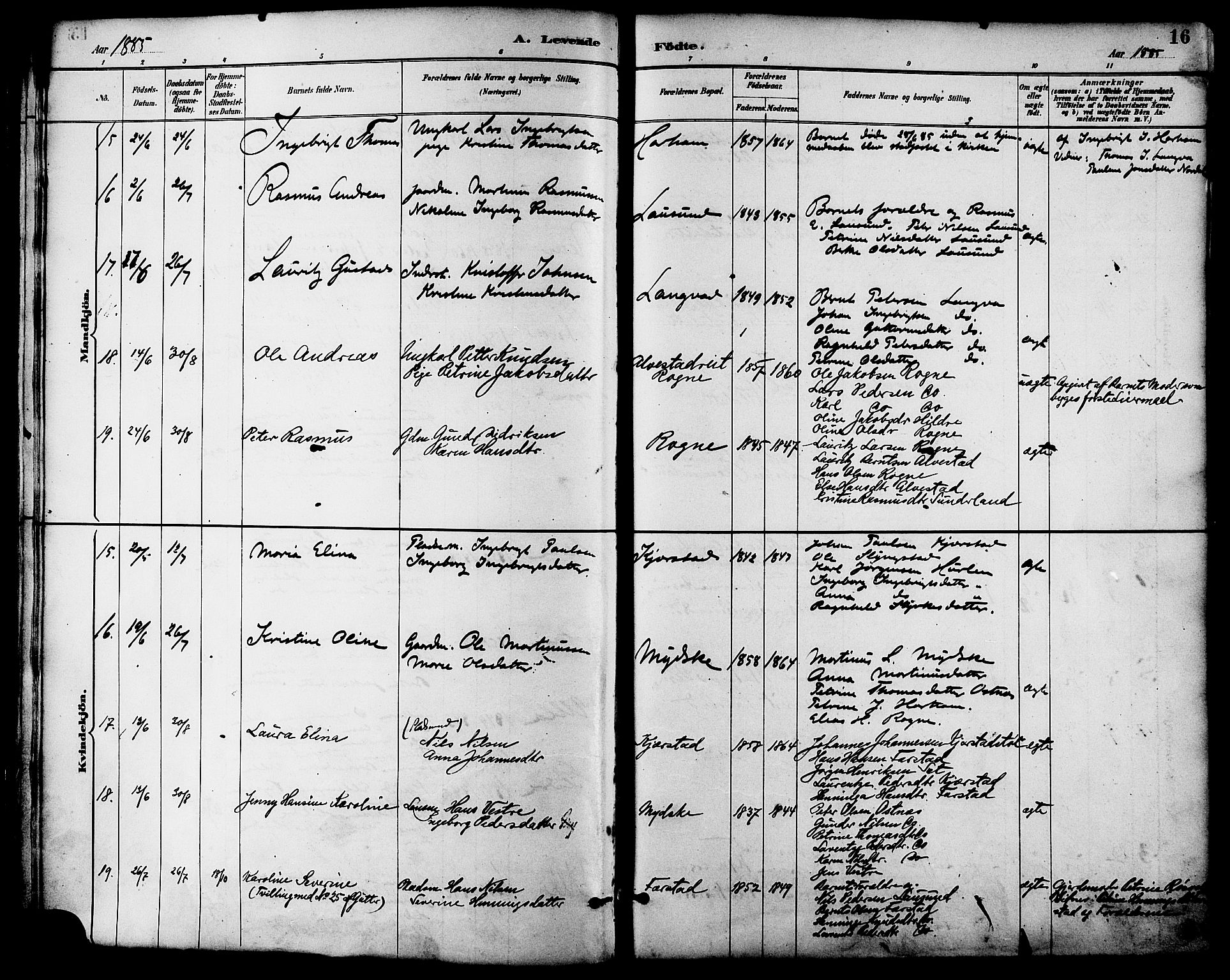Ministerialprotokoller, klokkerbøker og fødselsregistre - Møre og Romsdal, SAT/A-1454/536/L0501: Parish register (official) no. 536A10, 1884-1896, p. 16