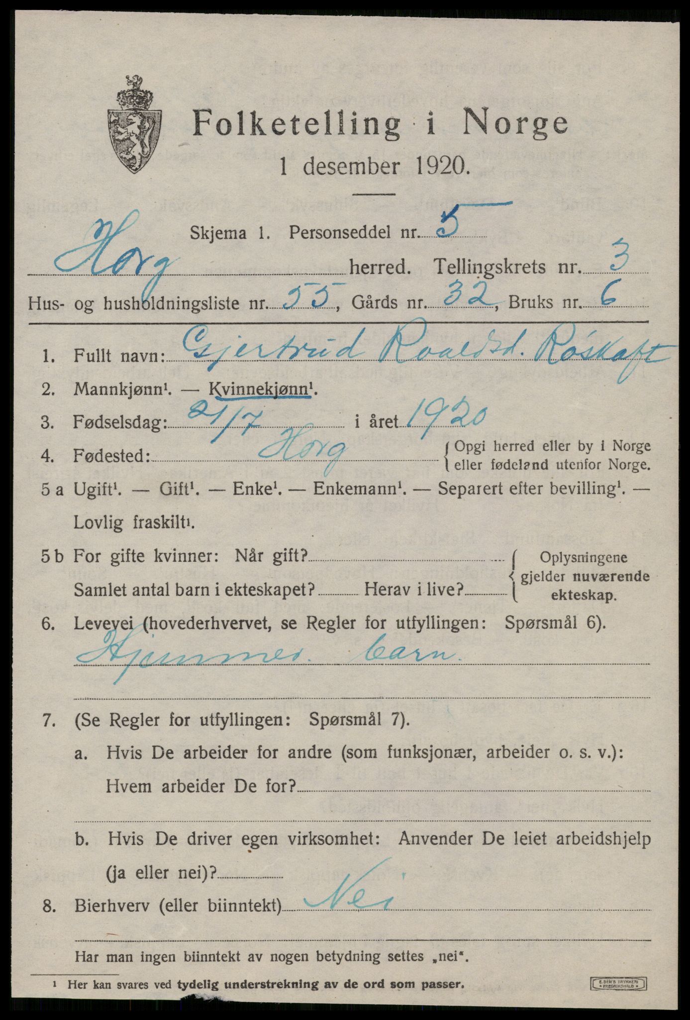 SAT, 1920 census for Horg, 1920, p. 3042