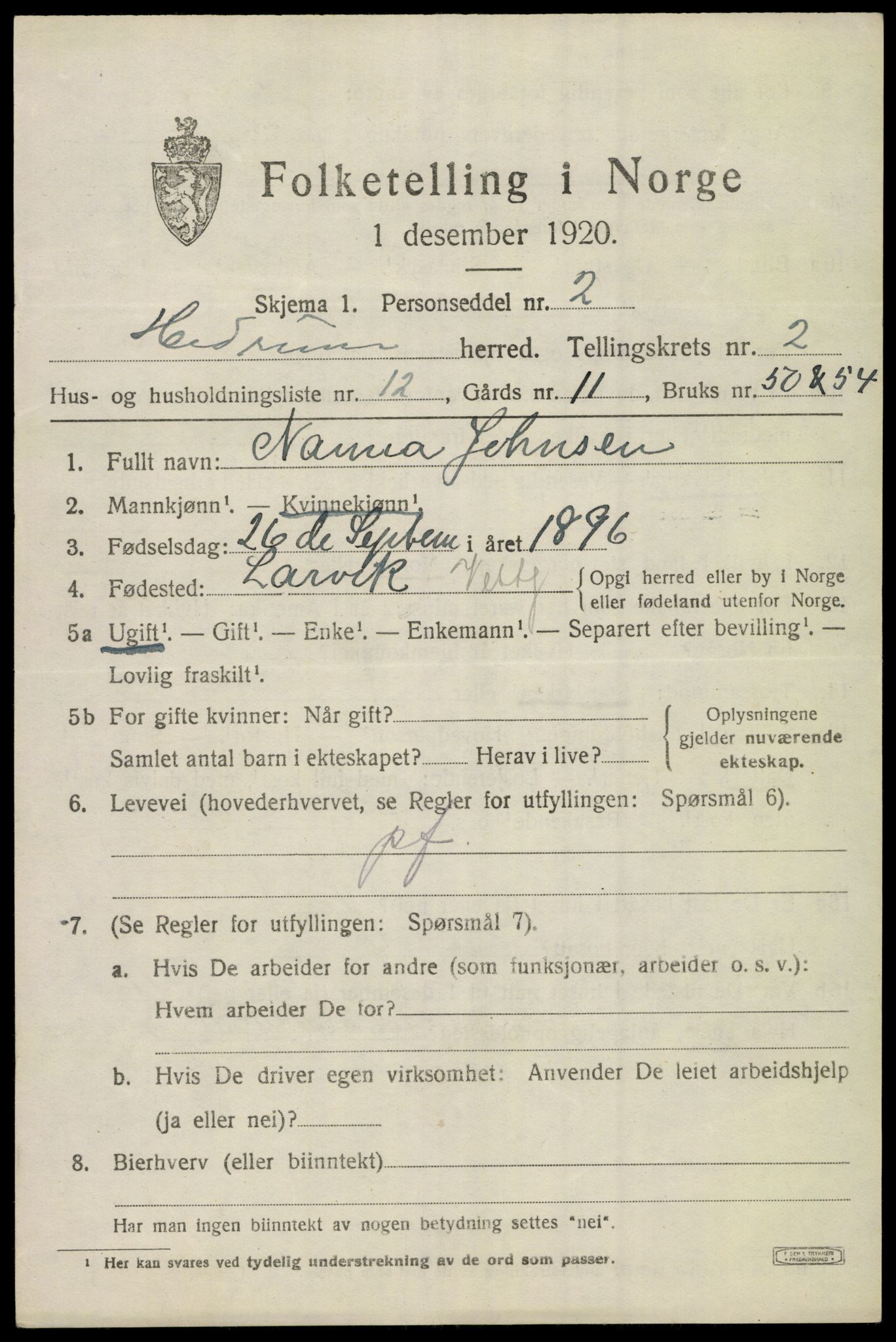SAKO, 1920 census for Hedrum, 1920, p. 2545