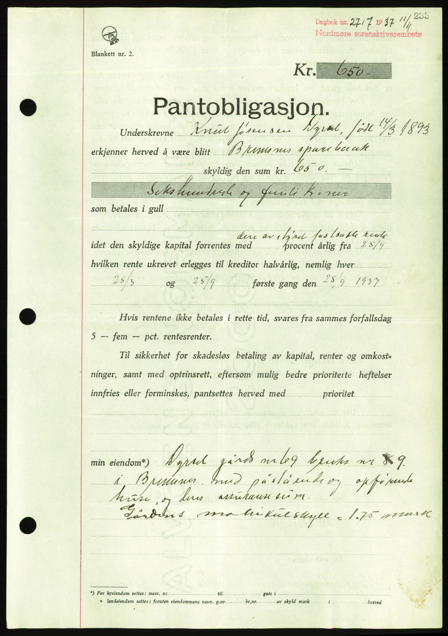 Nordmøre sorenskriveri, AV/SAT-A-4132/1/2/2Ca/L0092: Mortgage book no. B82, 1937-1938, Diary no: : 2717/1937