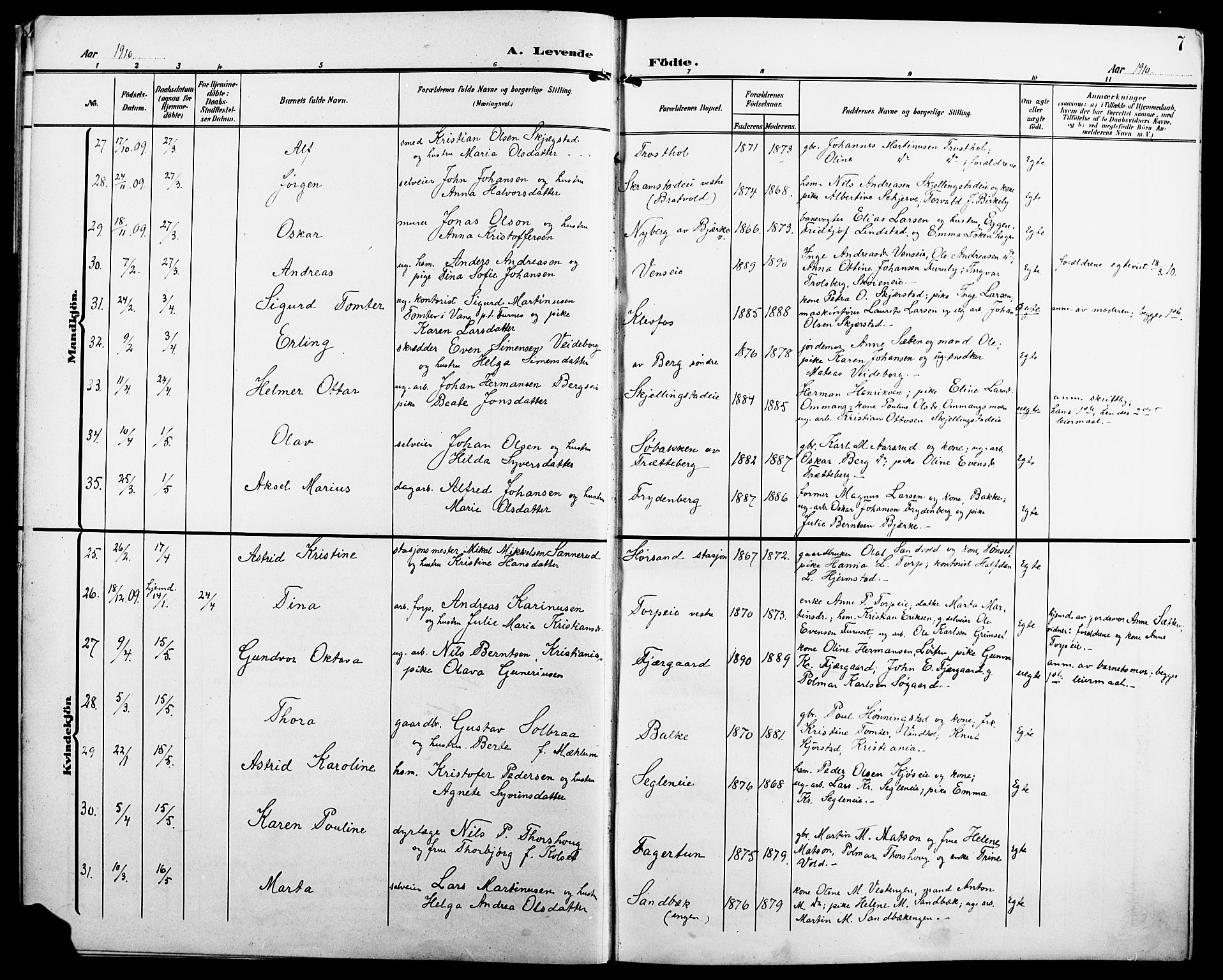 Løten prestekontor, AV/SAH-PREST-022/L/La/L0007: Parish register (copy) no. 7, 1910-1919, p. 7