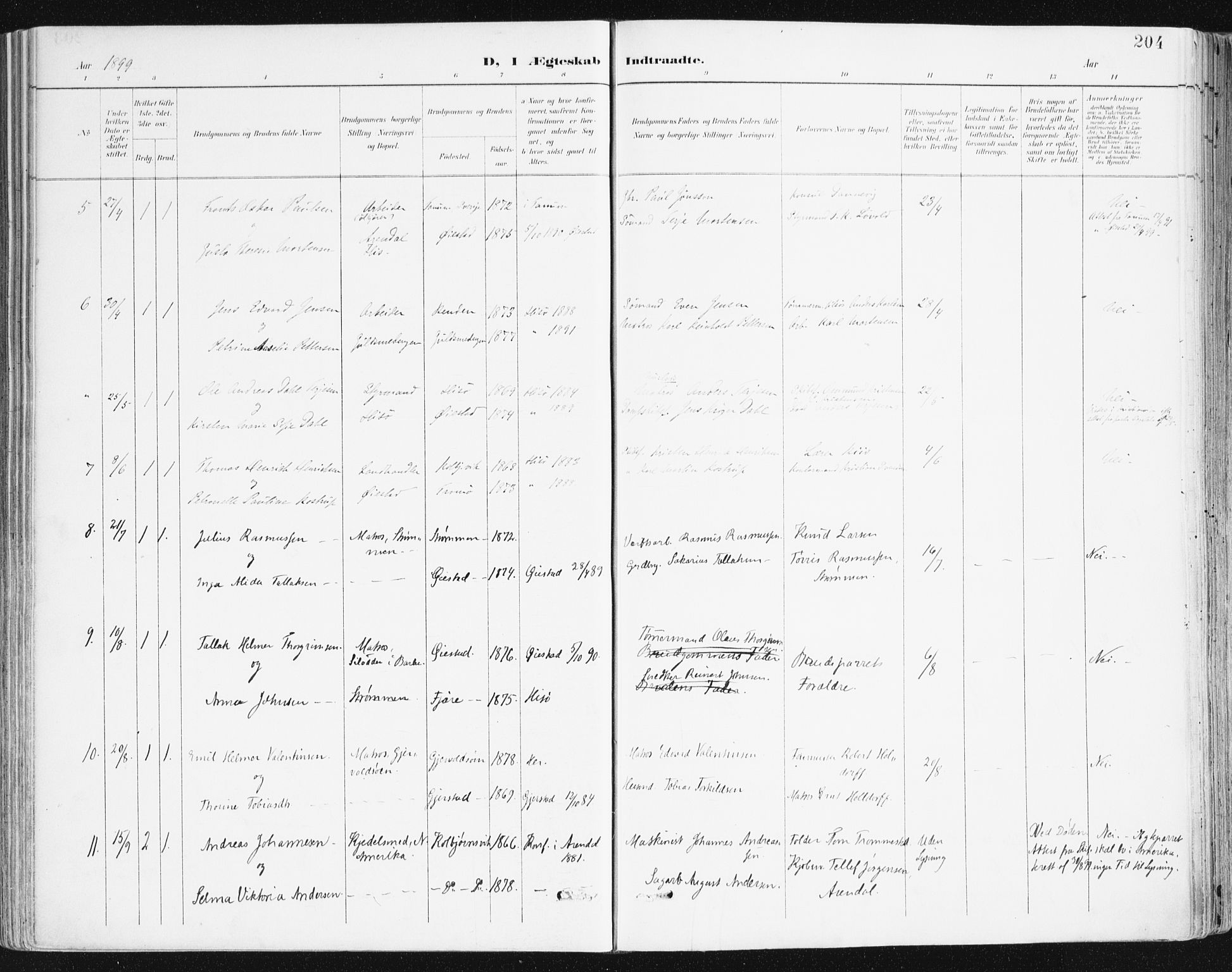 Hisøy sokneprestkontor, AV/SAK-1111-0020/F/Fa/L0004: Parish register (official) no. A 4, 1895-1917, p. 204