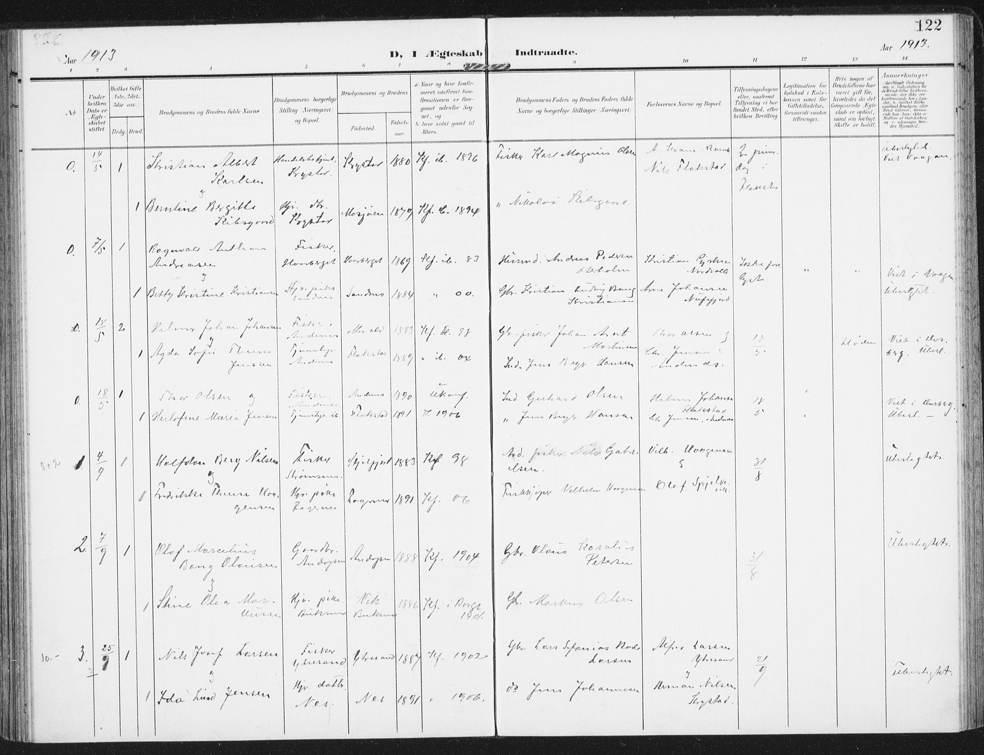 Ministerialprotokoller, klokkerbøker og fødselsregistre - Nordland, SAT/A-1459/885/L1206: Parish register (official) no. 885A07, 1905-1915, p. 122