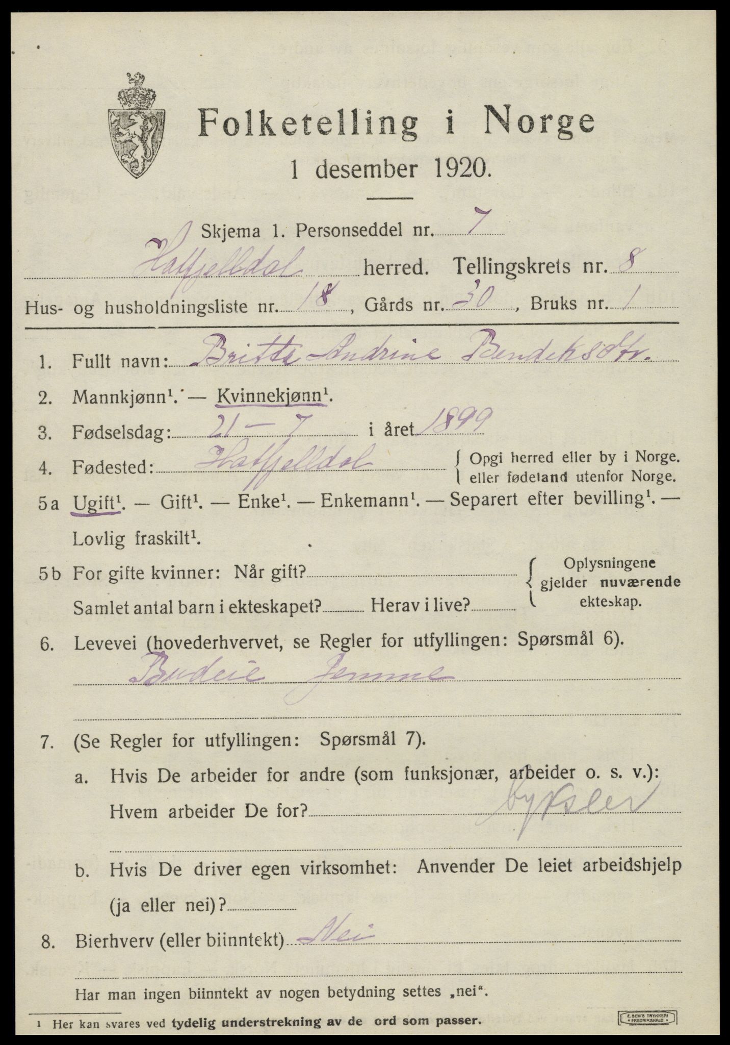 SAT, 1920 census for Hattfjelldal, 1920, p. 2142