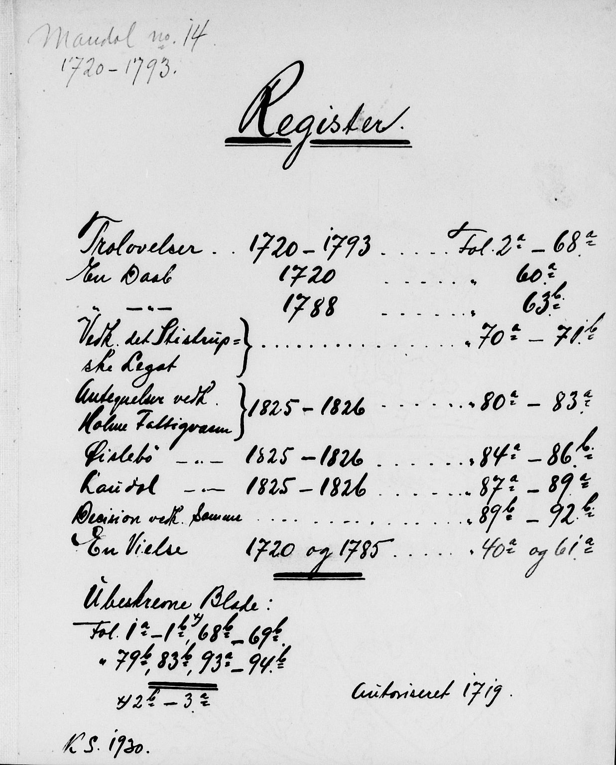 Mandal sokneprestkontor, SAK/1111-0030/F/Fa/Fab/L0001: Parish register (official) no. A 1, 1720-1793