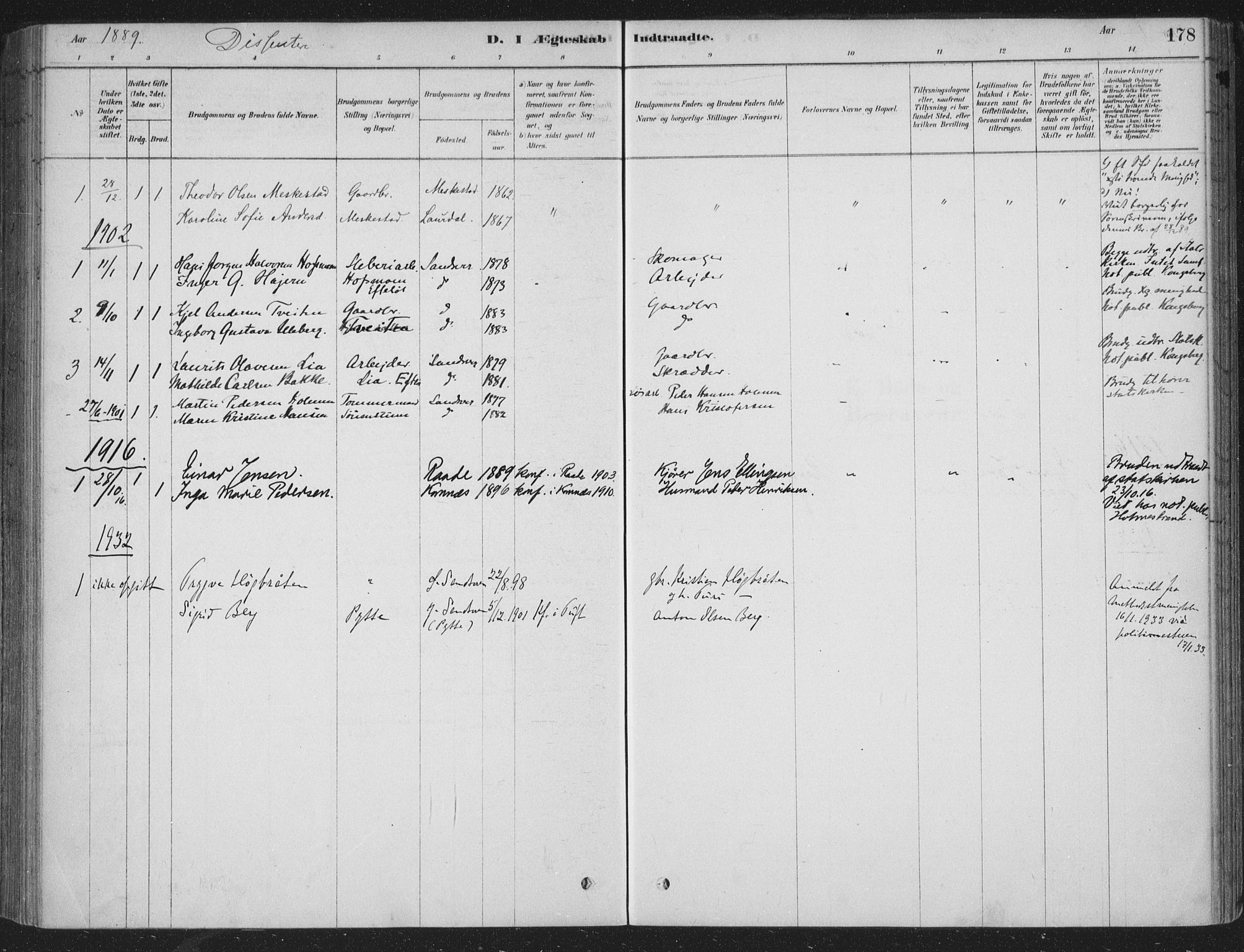 Sandsvær kirkebøker, SAKO/A-244/F/Fe/L0001: Parish register (official) no. V 1, 1878-1936, p. 178