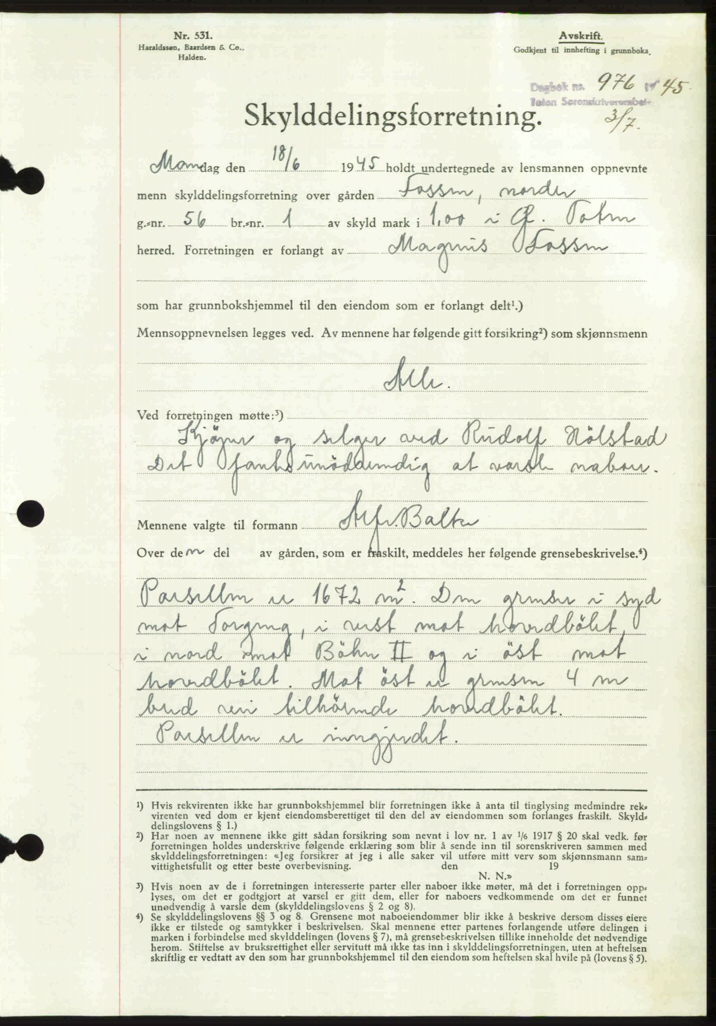 Toten tingrett, SAH/TING-006/H/Hb/Hbc/L0013: Mortgage book no. Hbc-13, 1945-1945, Diary no: : 976/1945