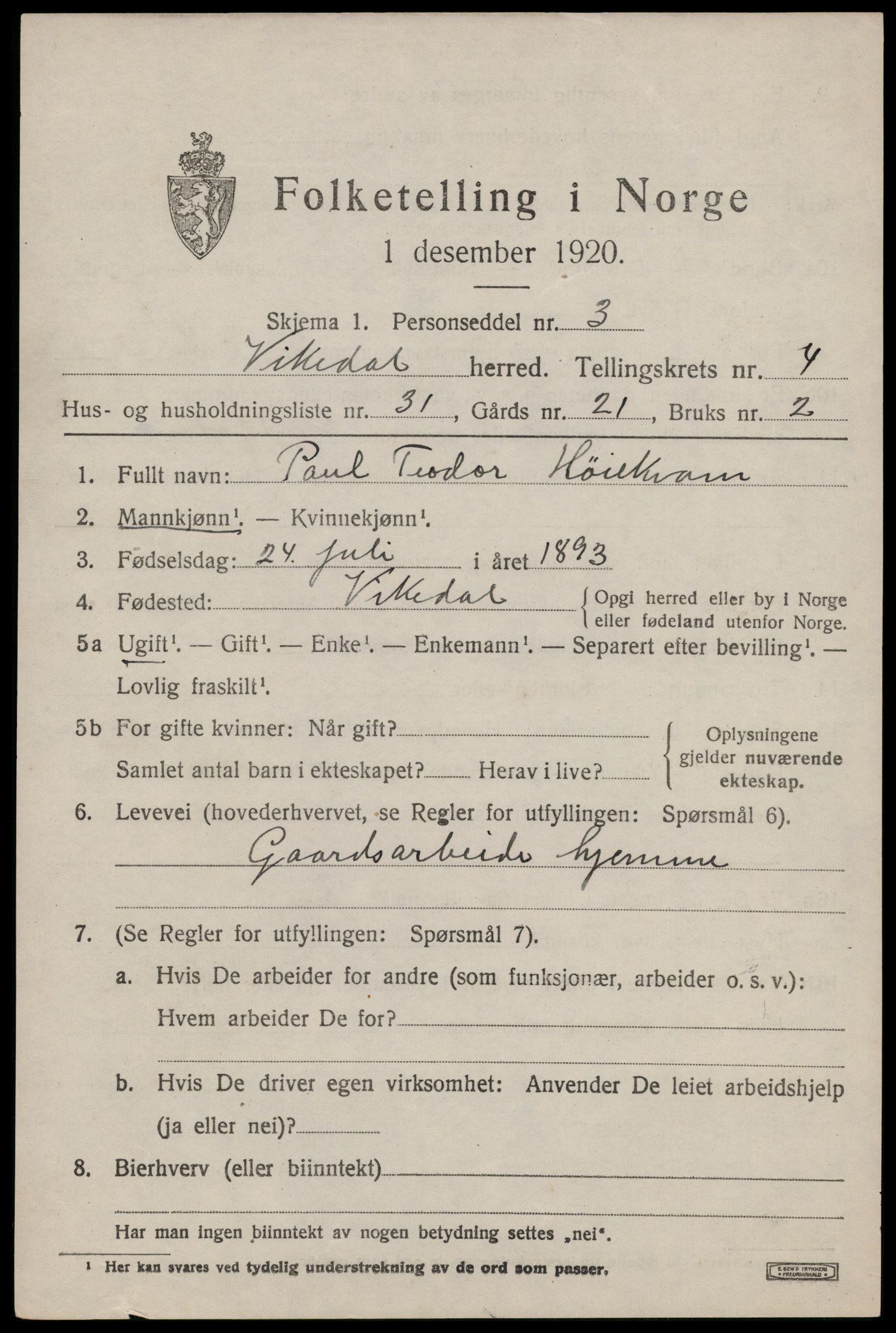 SAST, 1920 census for Vikedal, 1920, p. 2321