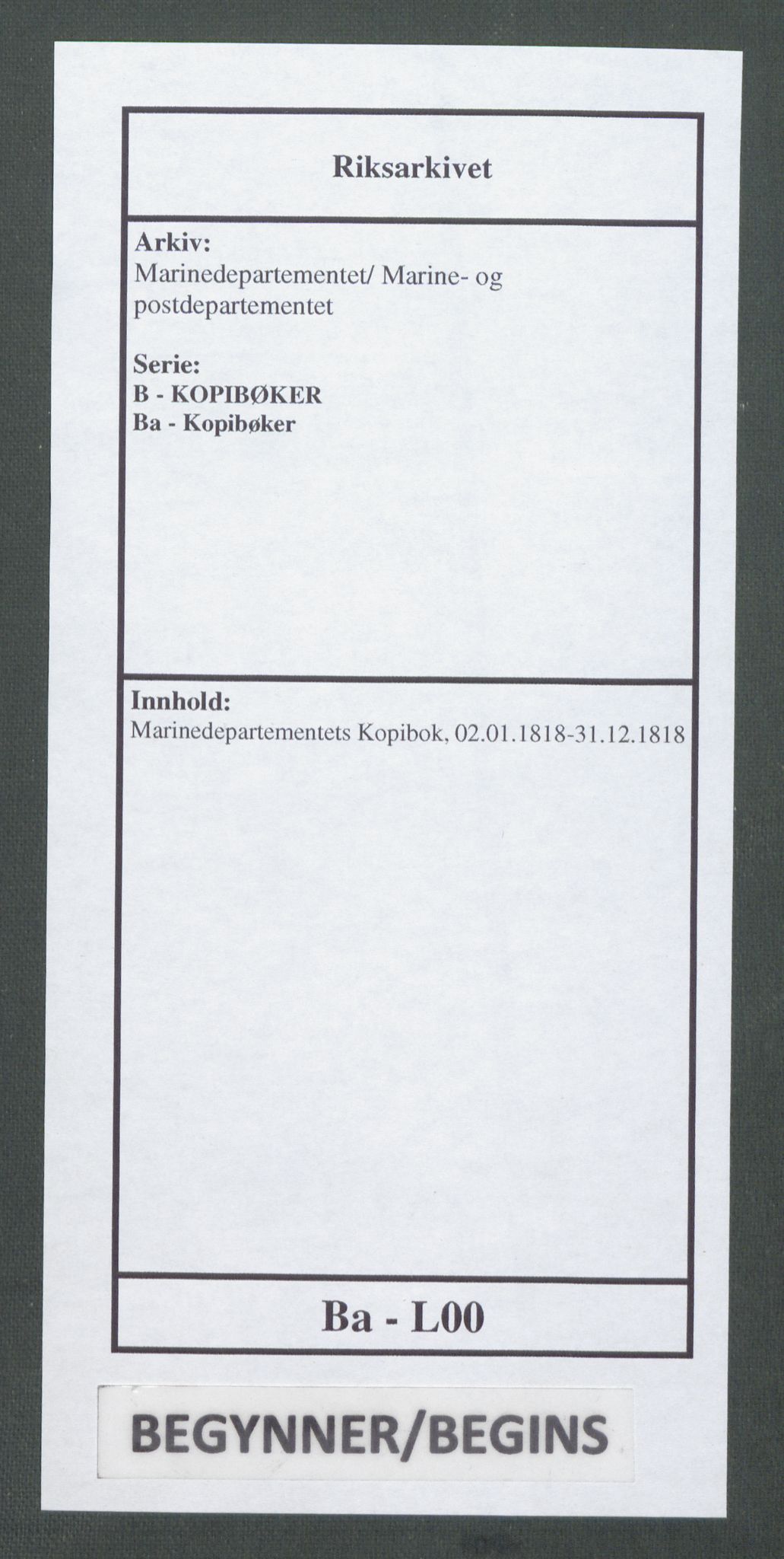 Marinedepartementet/ Marine- og postdepartementet, AV/RA-RAFA-3792/B/Ba/L0008:  Marinedepartementets kopibok, 1818