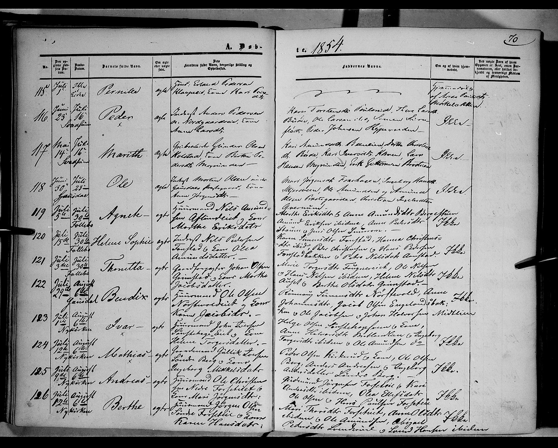 Gausdal prestekontor, SAH/PREST-090/H/Ha/Haa/L0008: Parish register (official) no. 8, 1850-1861, p. 70