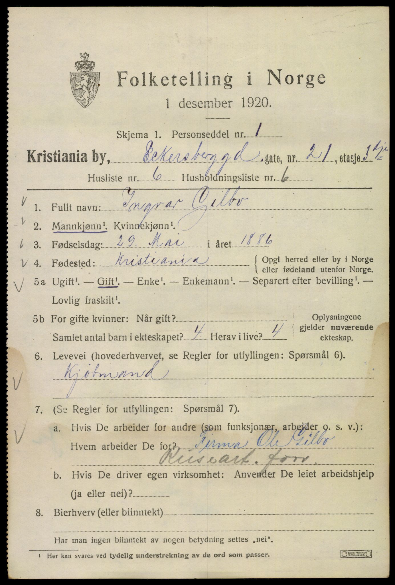 SAO, 1920 census for Kristiania, 1920, p. 208275