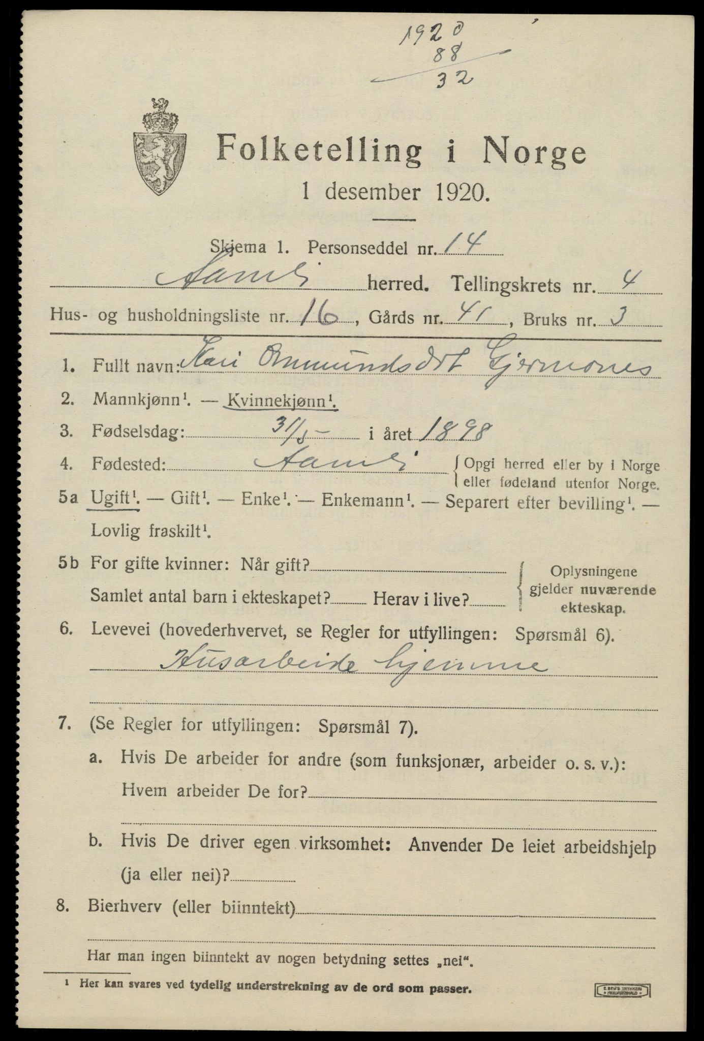 SAK, 1920 census for Åmli, 1920, p. 2069