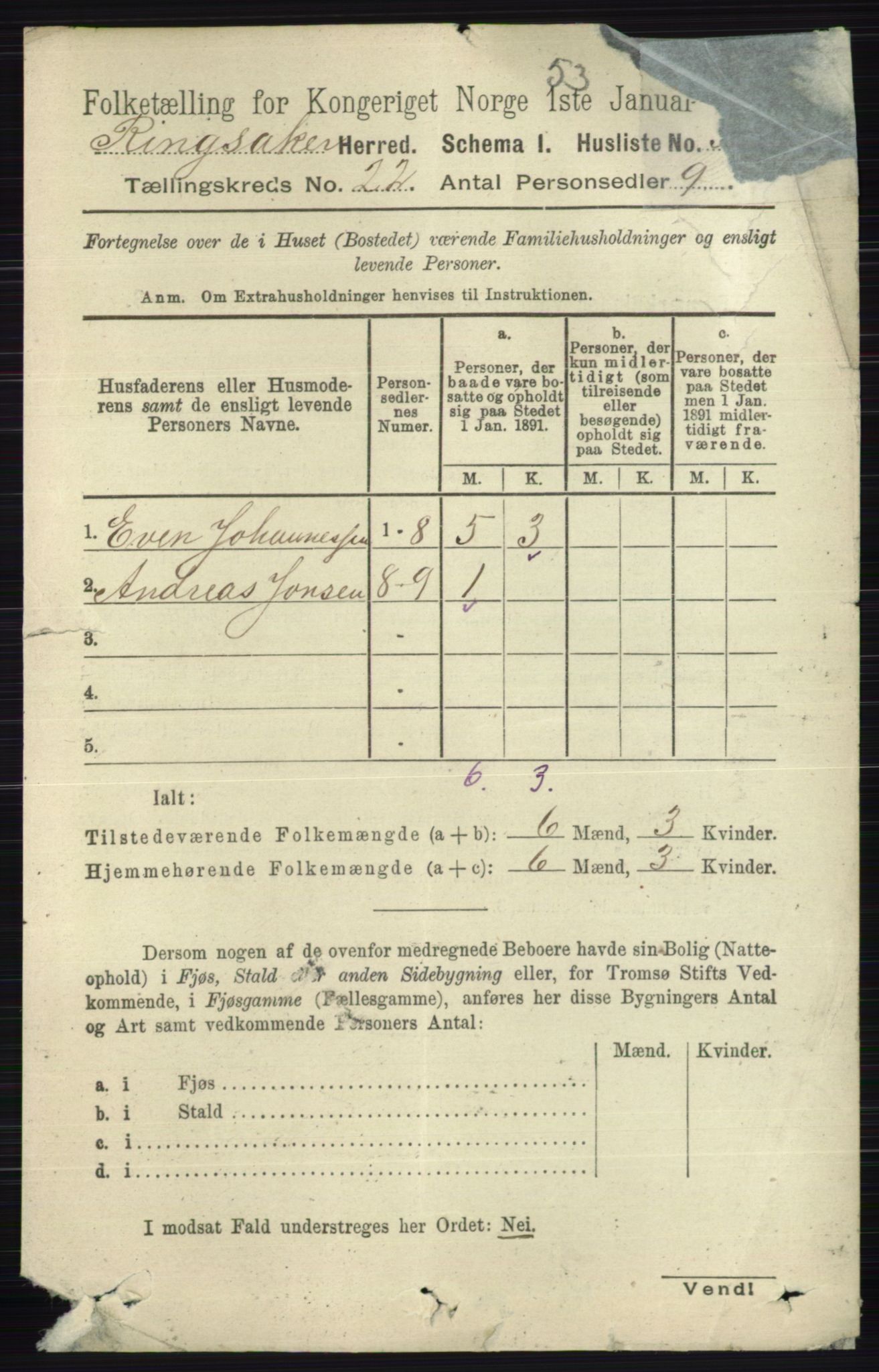 RA, 1891 census for 0412 Ringsaker, 1891, p. 12369