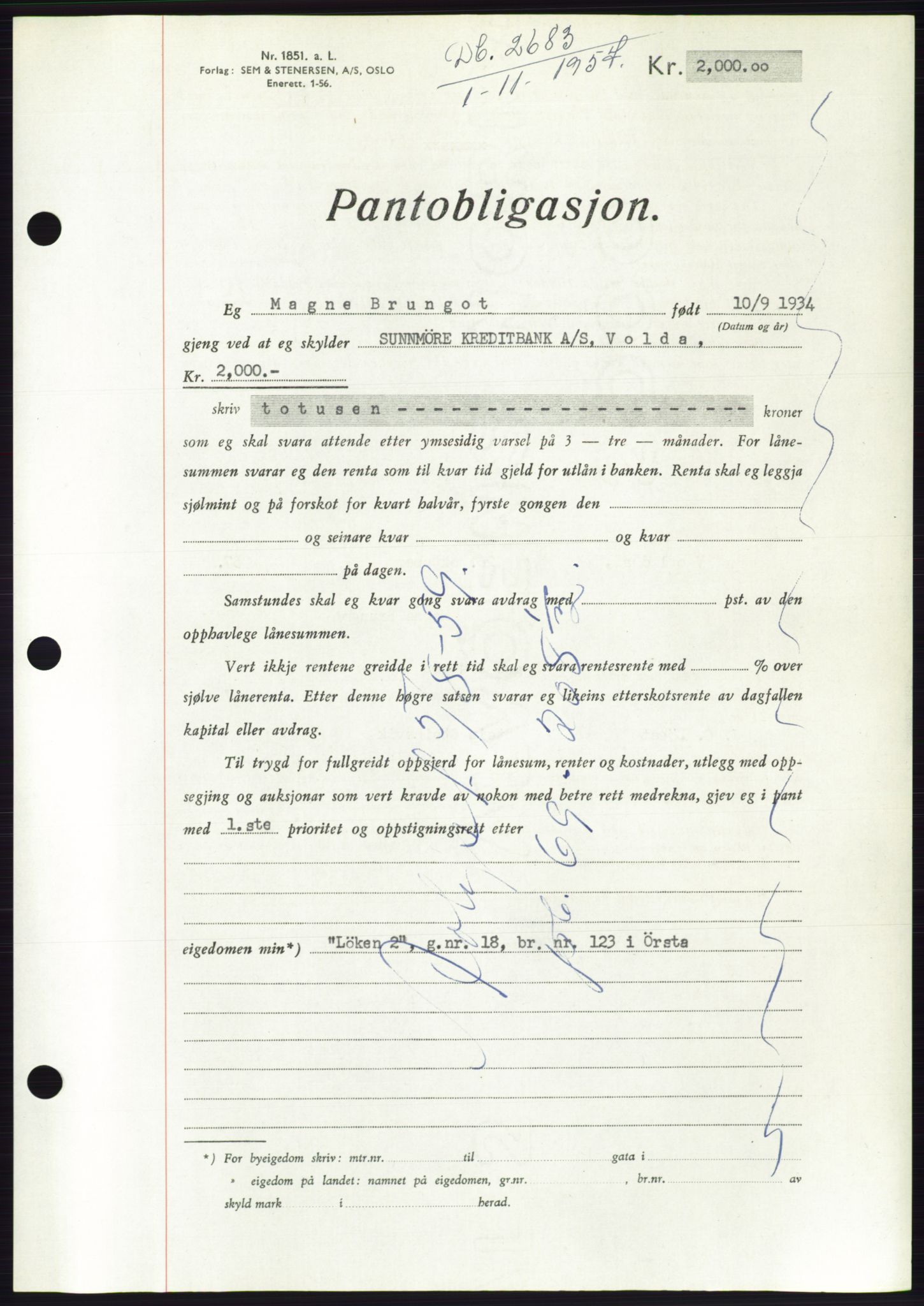 Søre Sunnmøre sorenskriveri, AV/SAT-A-4122/1/2/2C/L0130: Mortgage book no. 18B, 1957-1958, Diary no: : 2683/1957