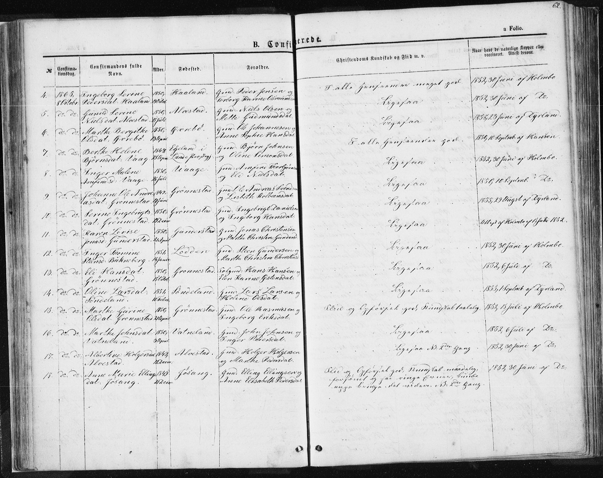 Tysvær sokneprestkontor, AV/SAST-A -101864/H/Ha/Haa/L0004: Parish register (official) no. A 4, 1857-1878, p. 62