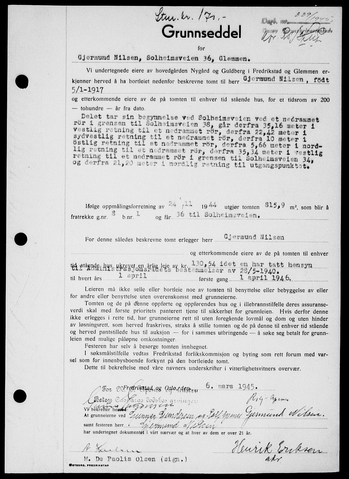Onsøy sorenskriveri, SAO/A-10474/G/Ga/Gab/L0014: Mortgage book no. II A-14, 1944-1945, Diary no: : 339/1945