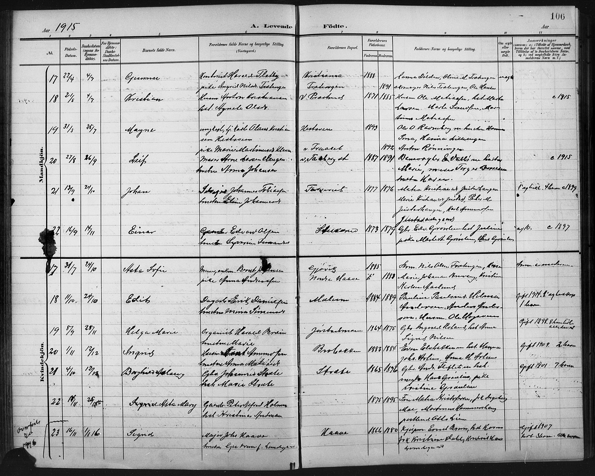 Fåberg prestekontor, AV/SAH-PREST-086/H/Ha/Hab/L0011: Parish register (copy) no. 11, 1901-1921, p. 106