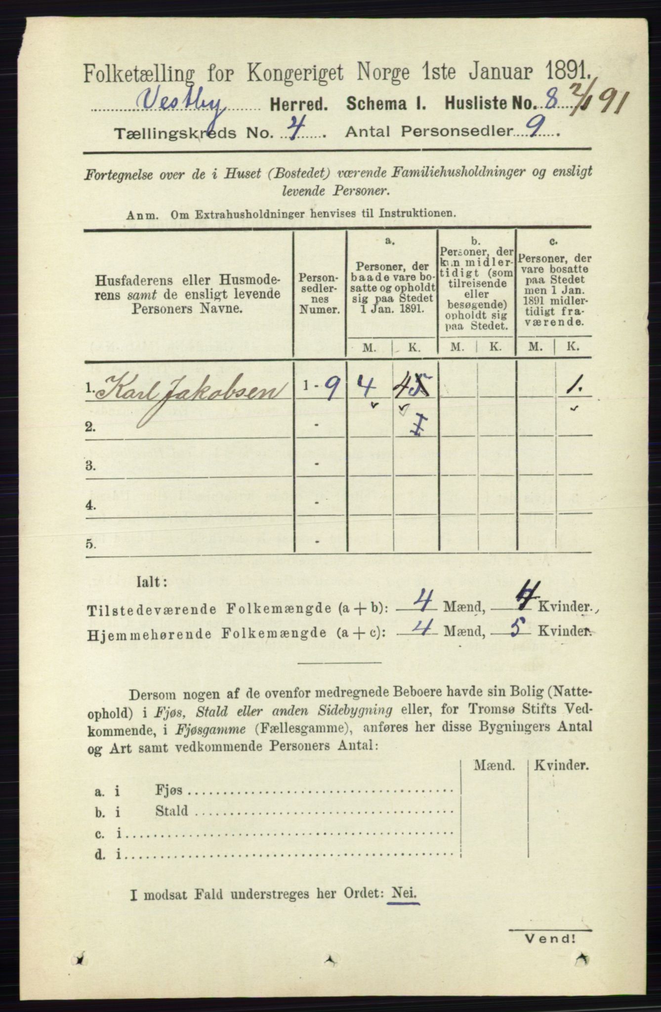 RA, 1891 census for 0211 Vestby, 1891, p. 1487