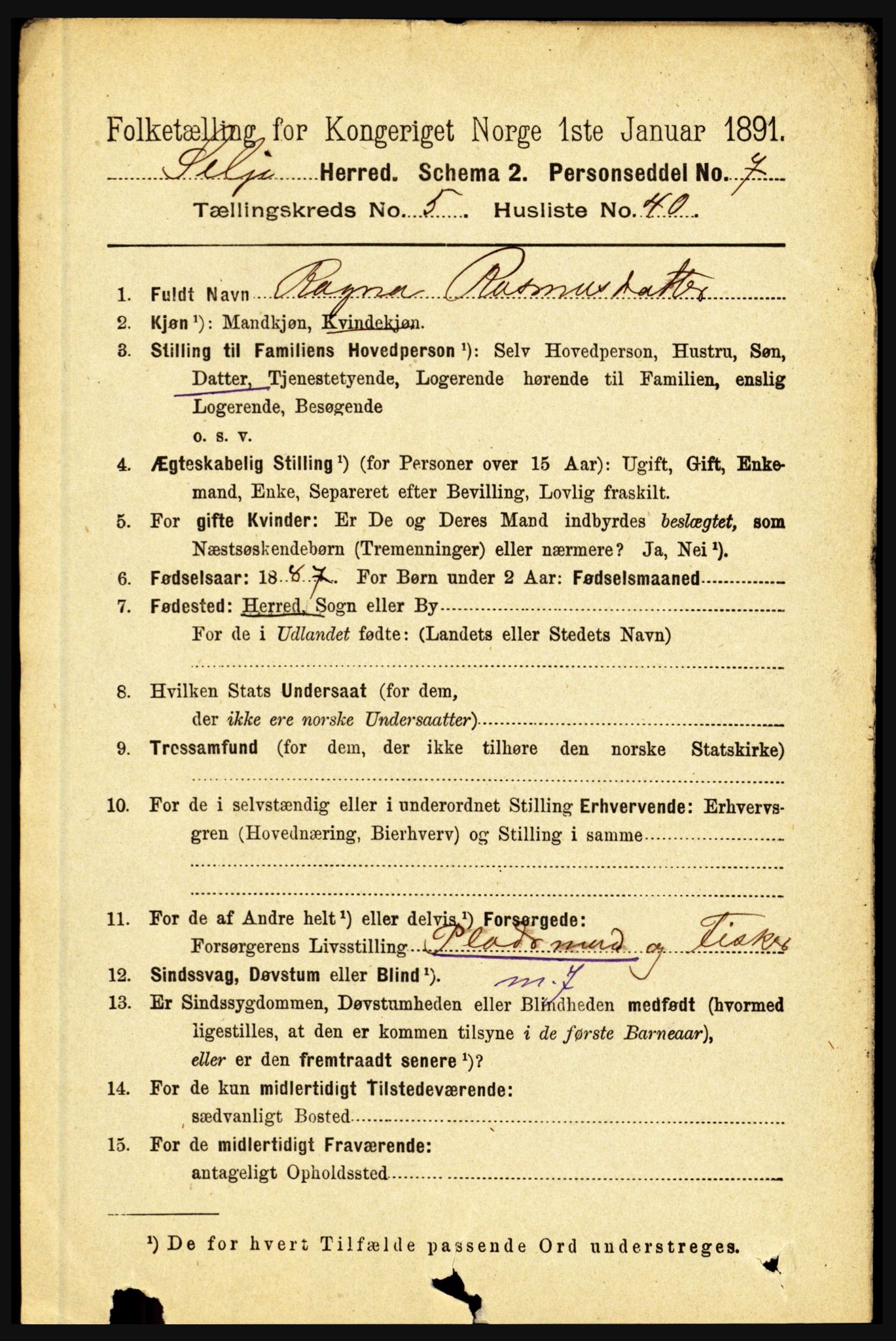 RA, 1891 census for 1441 Selje, 1891, p. 1613