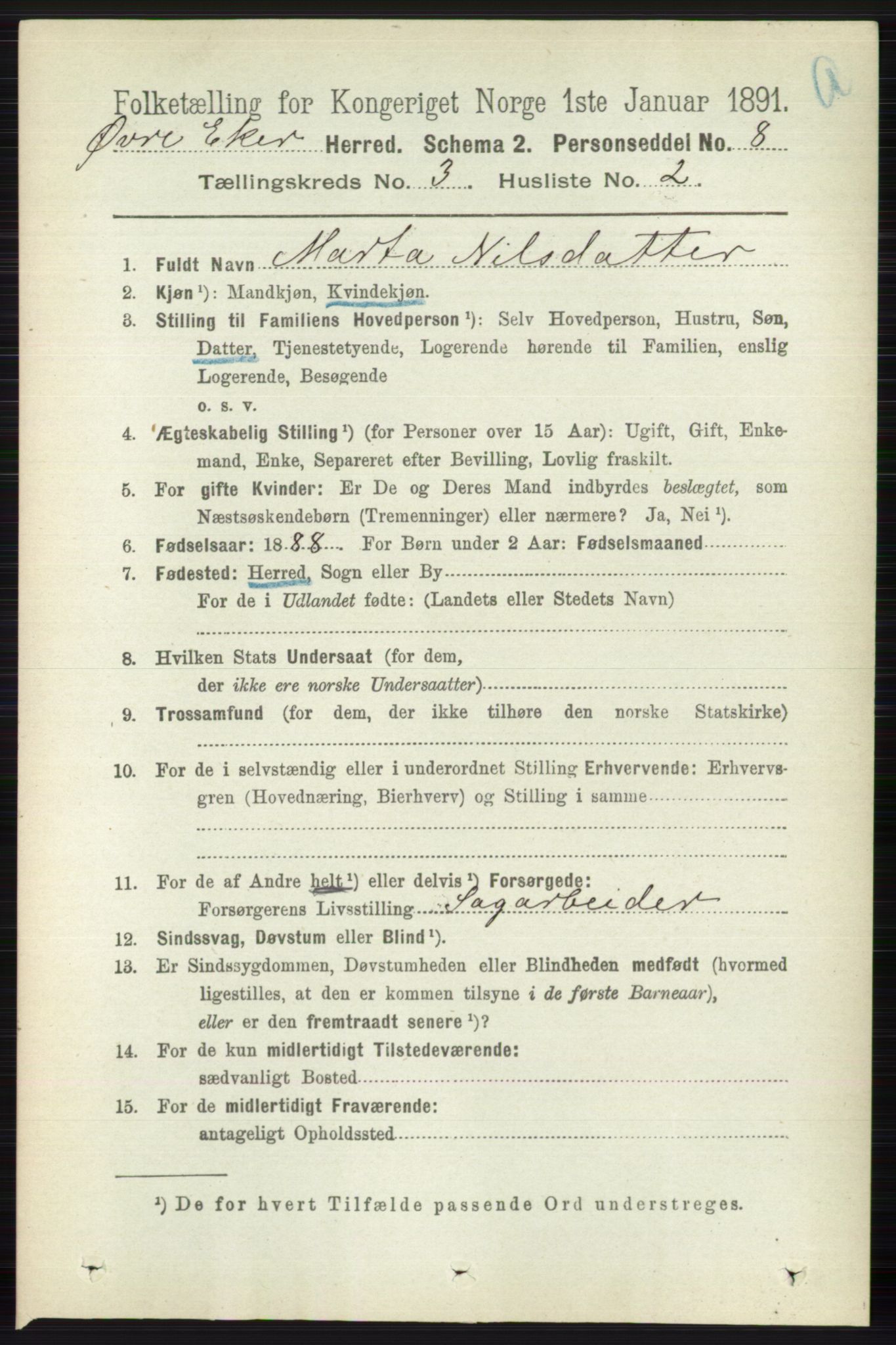 RA, 1891 census for 0624 Øvre Eiker, 1891, p. 1001