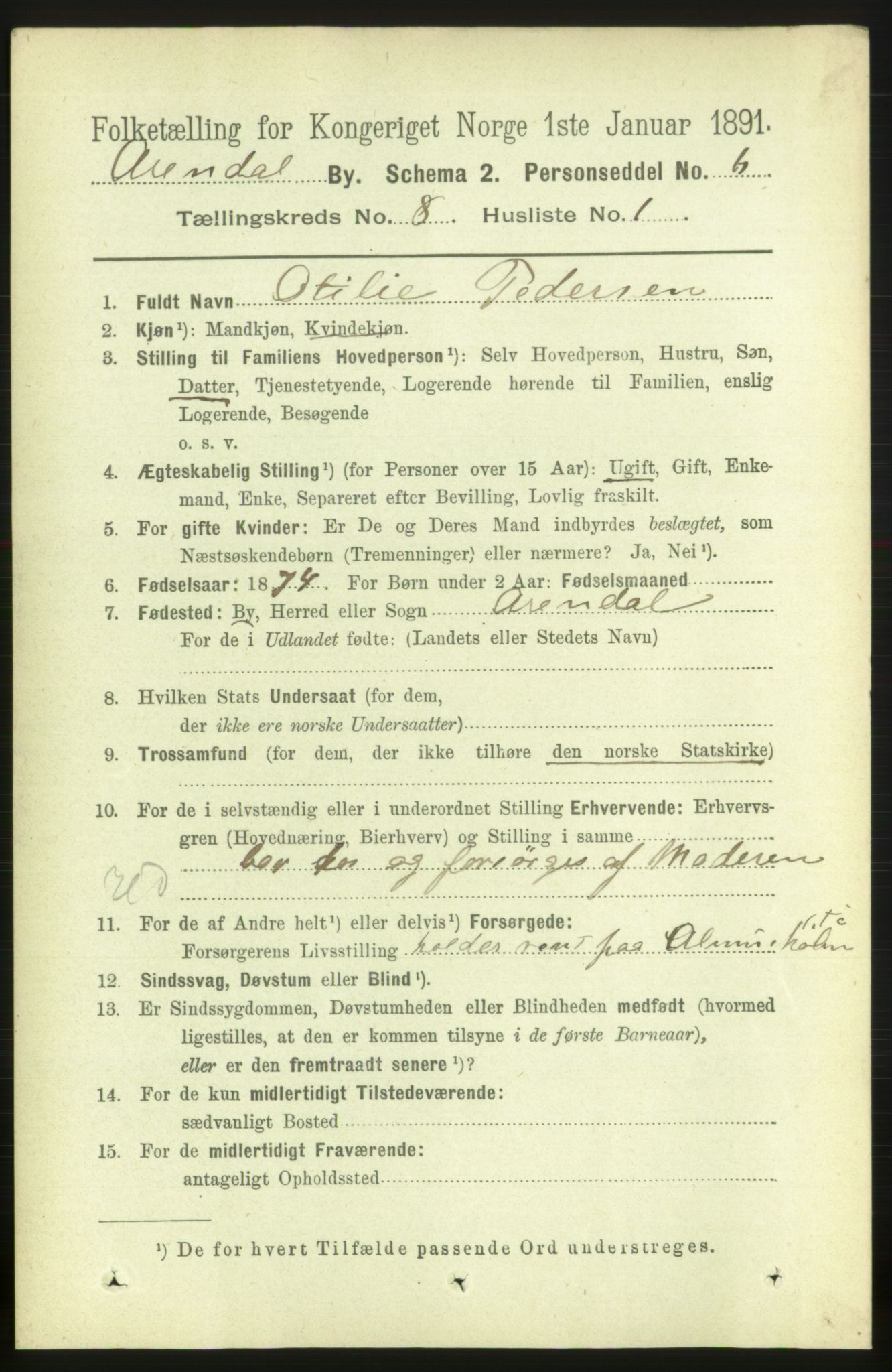 RA, 1891 census for 0903 Arendal, 1891, p. 2851