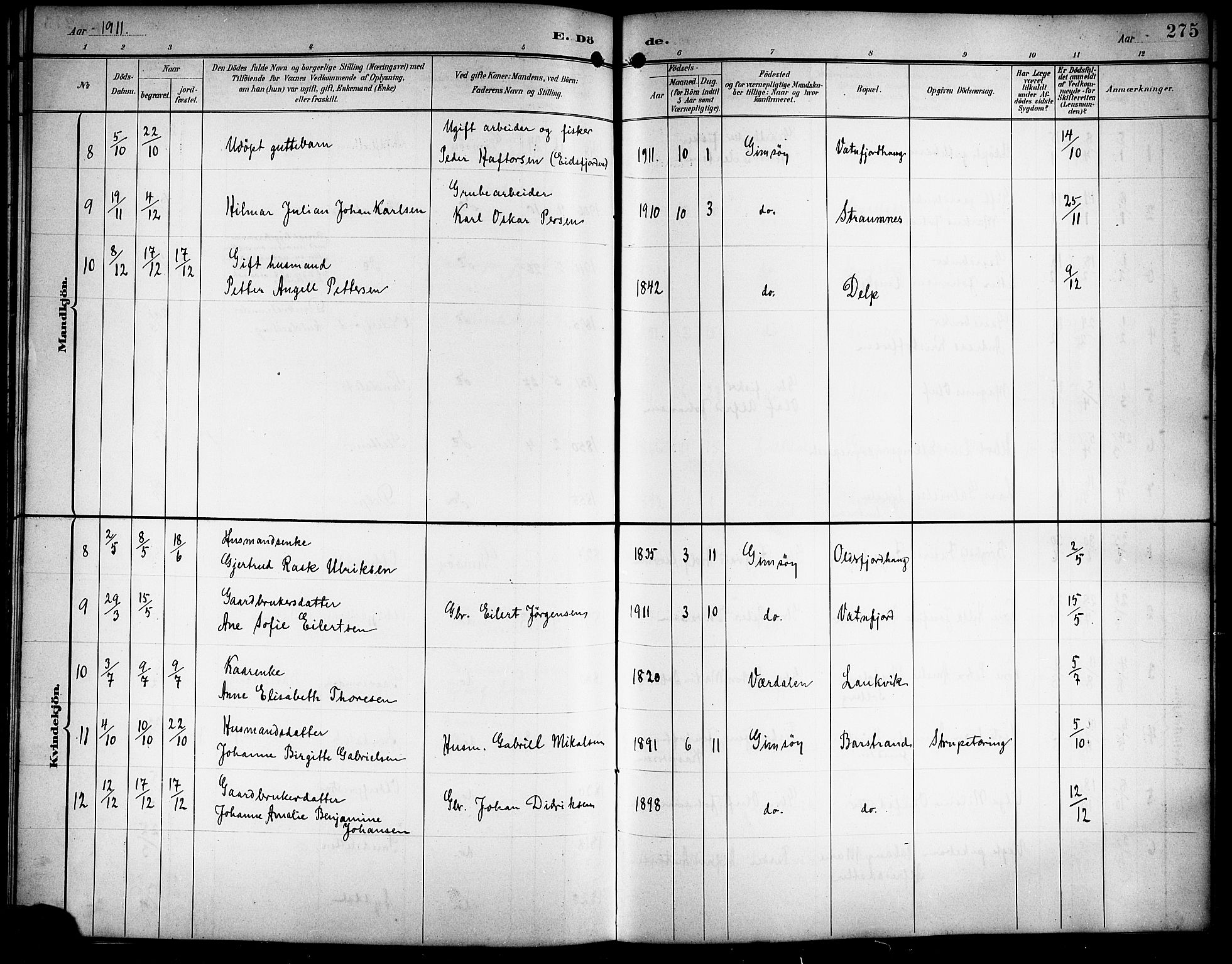 Ministerialprotokoller, klokkerbøker og fødselsregistre - Nordland, SAT/A-1459/876/L1105: Parish register (copy) no. 876C04, 1896-1914, p. 275