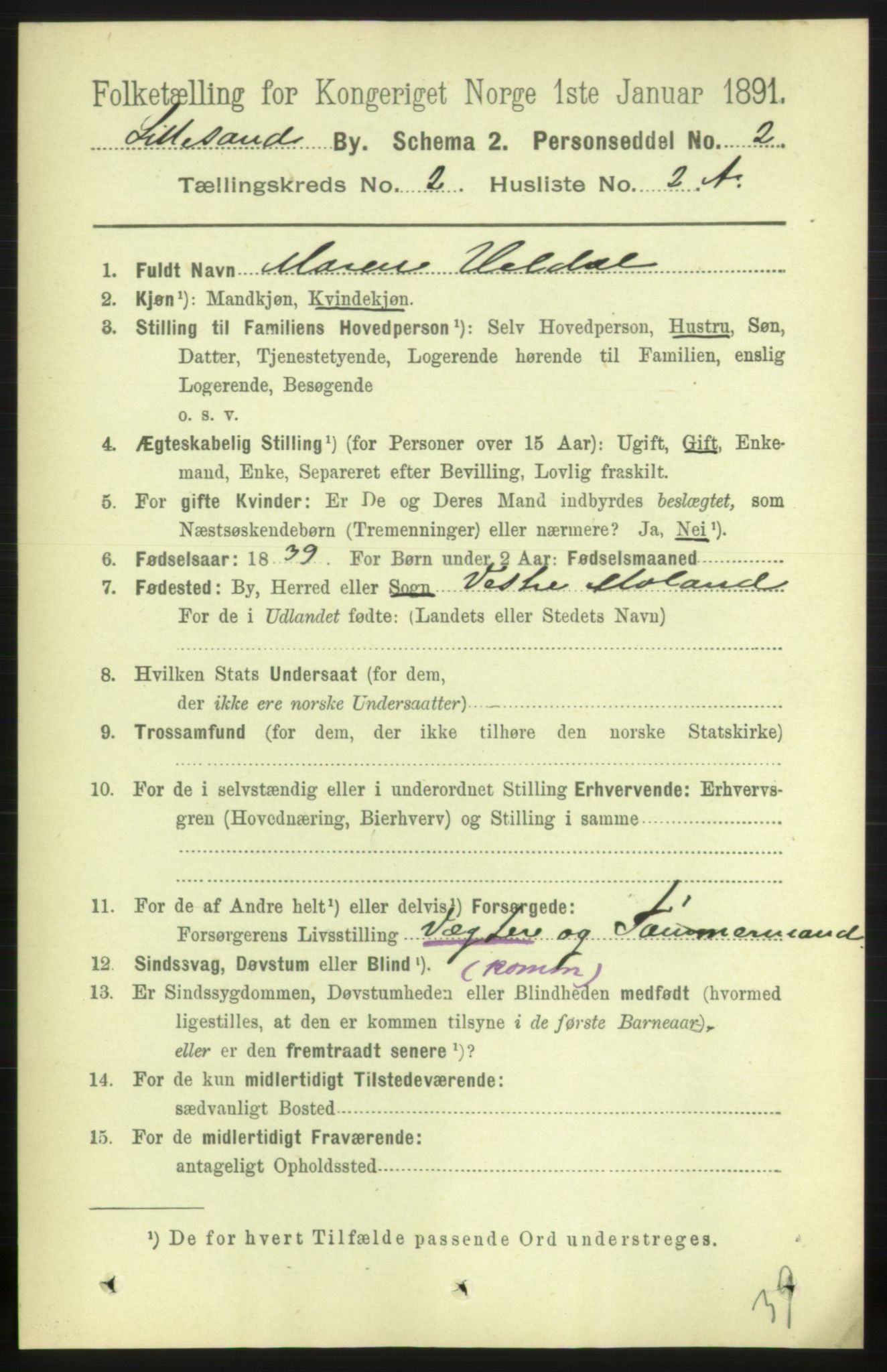 RA, 1891 census for 0905 Lillesand, 1891, p. 277