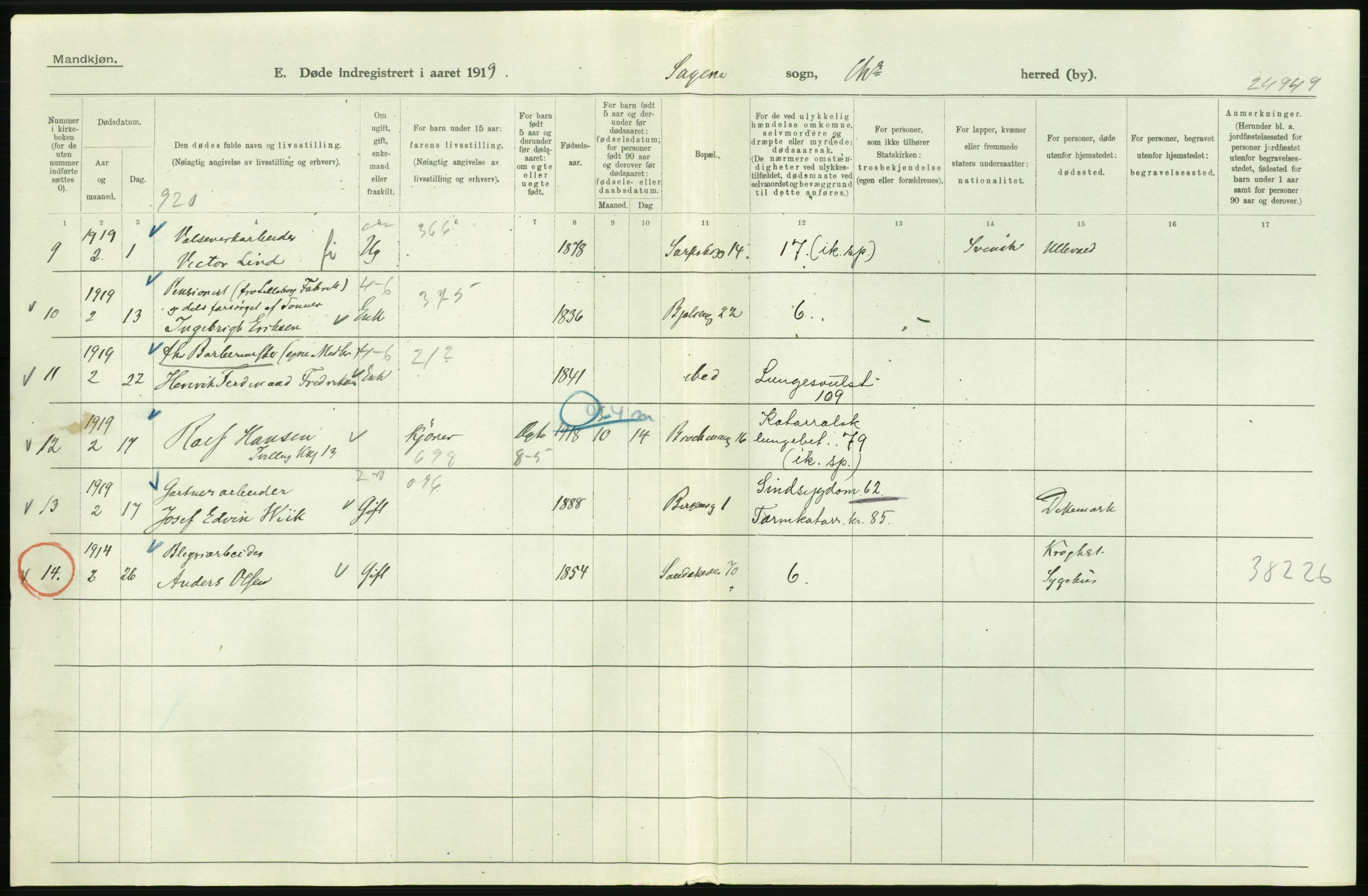 Statistisk sentralbyrå, Sosiodemografiske emner, Befolkning, RA/S-2228/D/Df/Dfb/Dfbi/L0010: Kristiania: Døde, 1919, p. 300