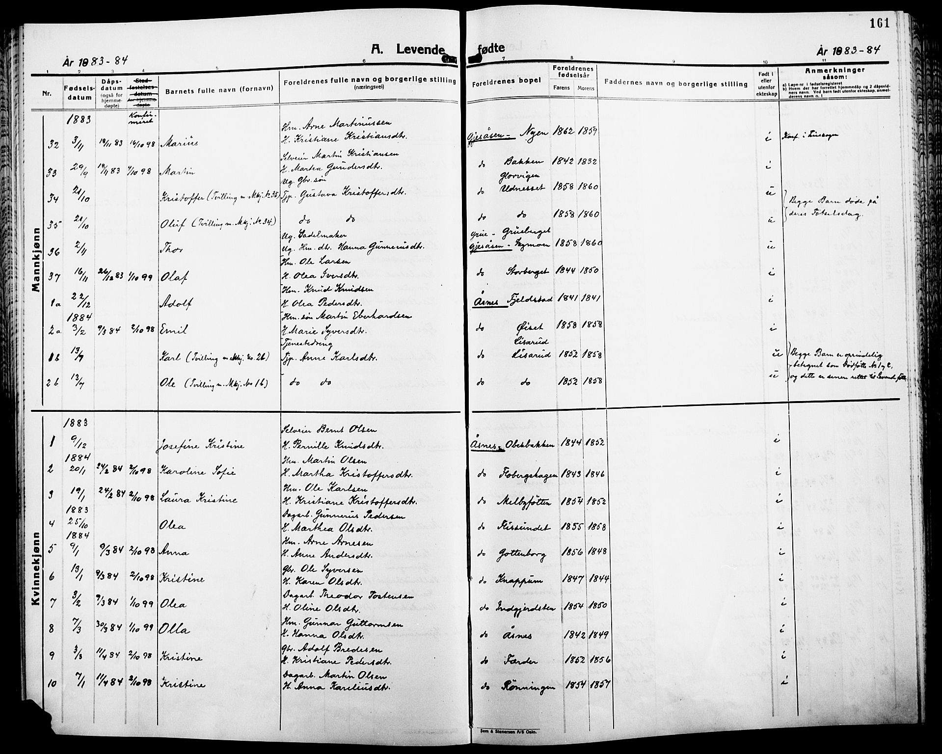 Åsnes prestekontor, AV/SAH-PREST-042/H/Ha/Haa/L0000B: Parish register (official), 1870-1889, p. 161