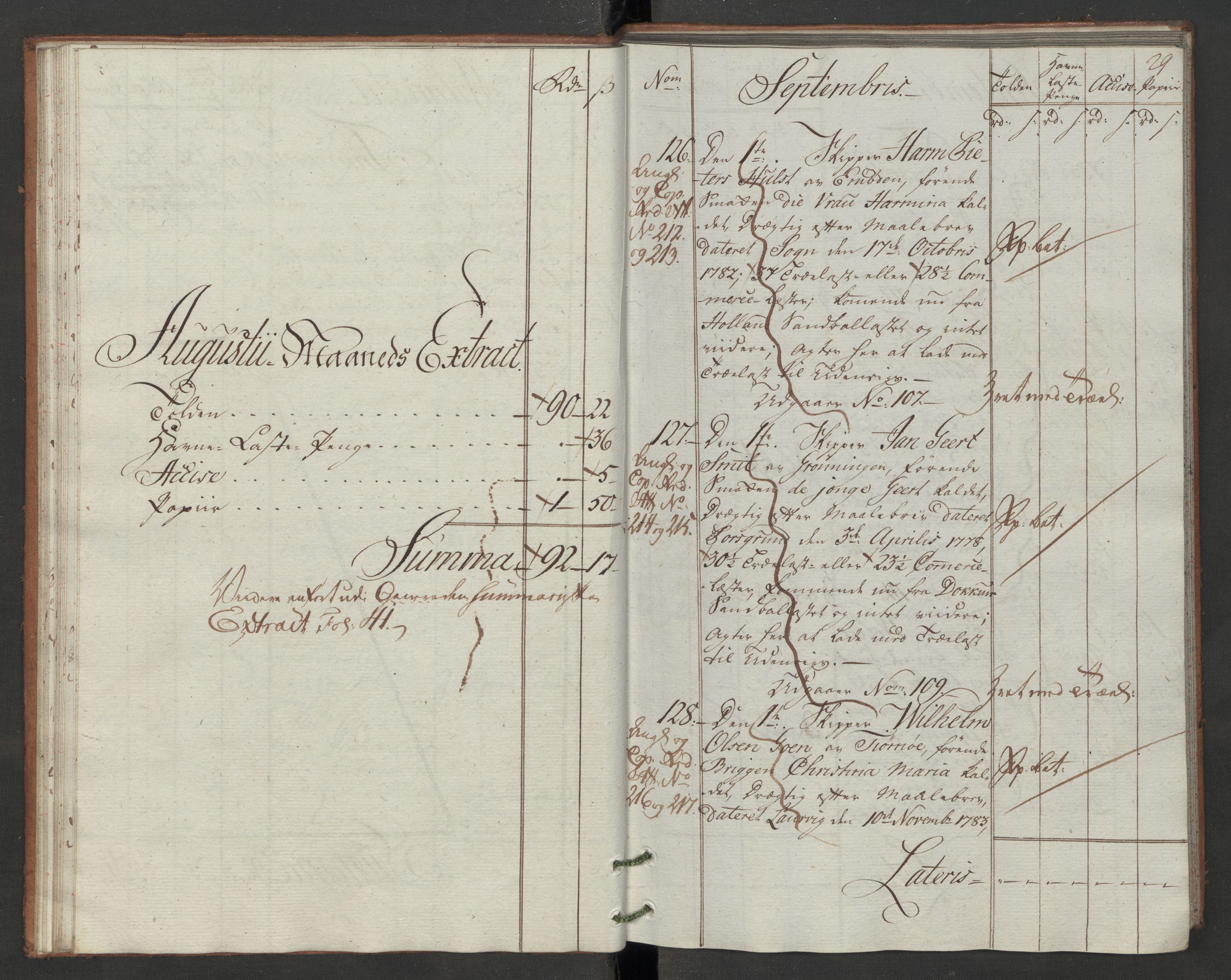 Generaltollkammeret, tollregnskaper, RA/EA-5490/R07/L0046/0001: Tollregnskaper Sand / Inngående hovedtollbok, 1786, p. 28b-29a