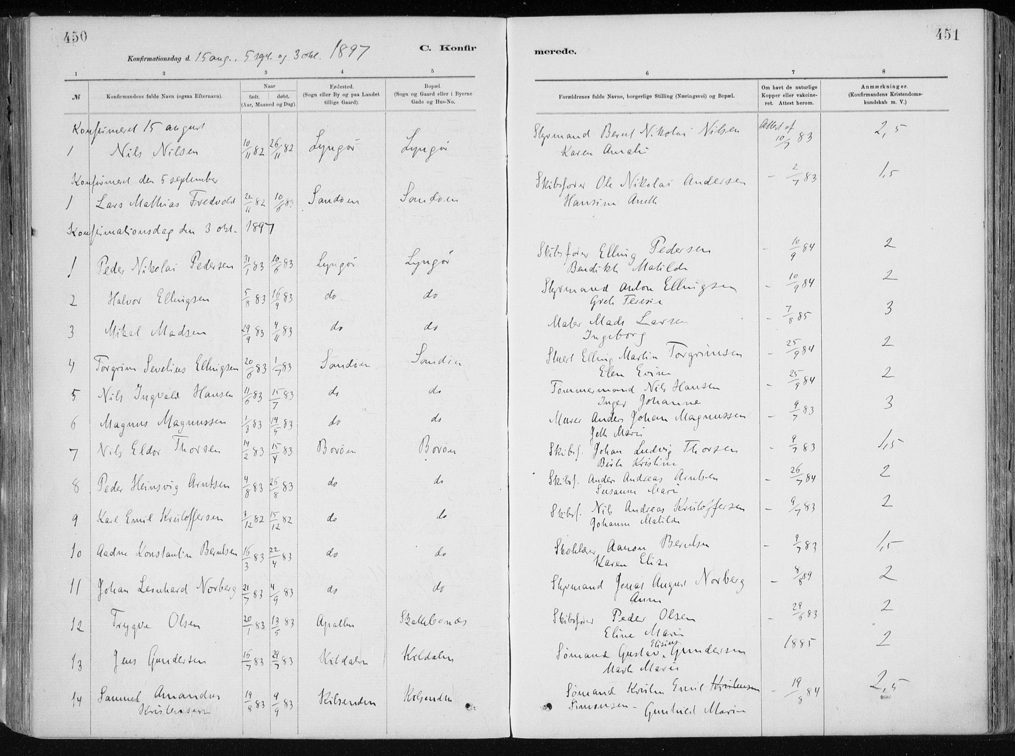 Dypvåg sokneprestkontor, AV/SAK-1111-0007/F/Fa/Faa/L0008: Parish register (official) no. A 8, 1885-1906, p. 450-451