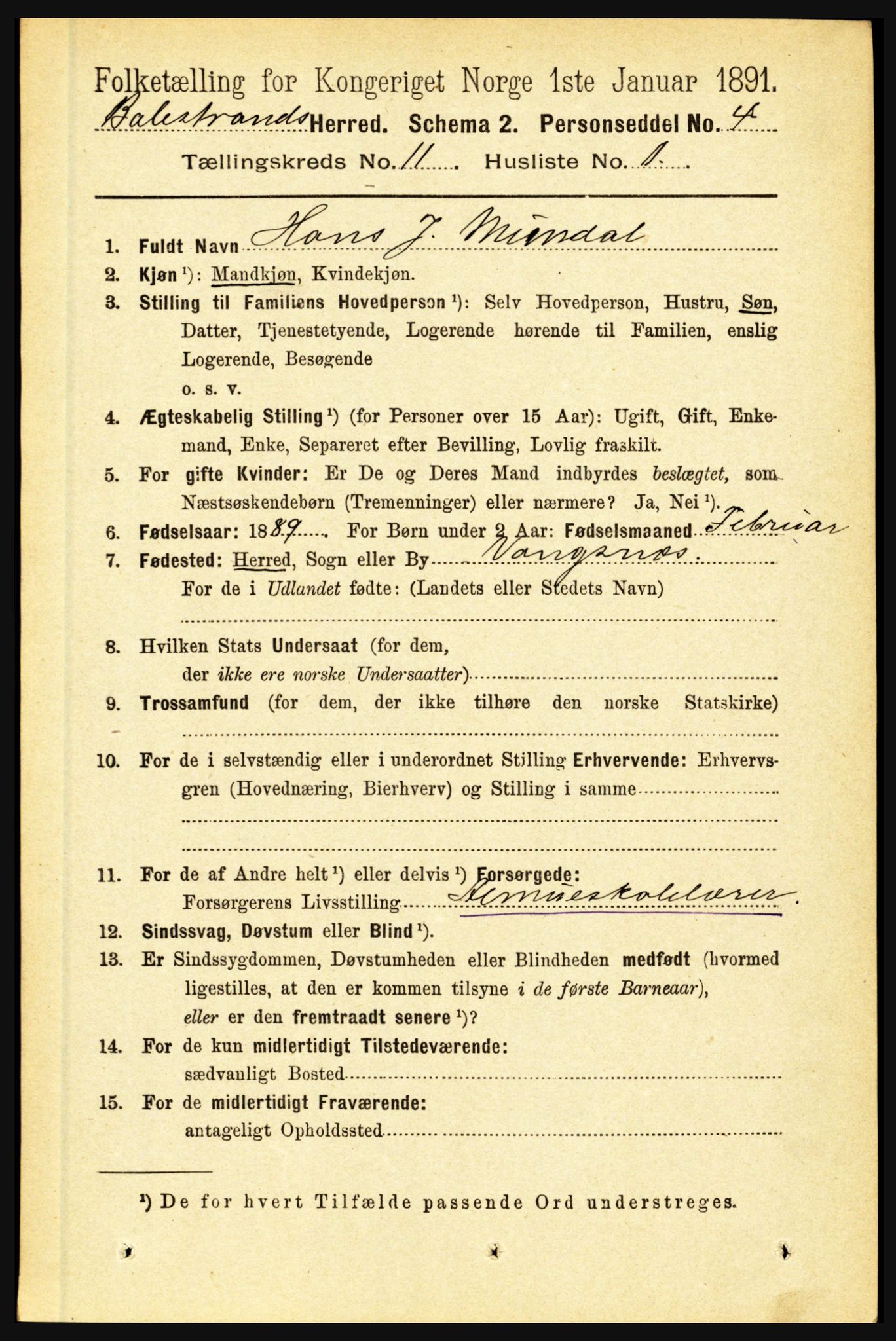 RA, 1891 census for 1418 Balestrand, 1891, p. 2463