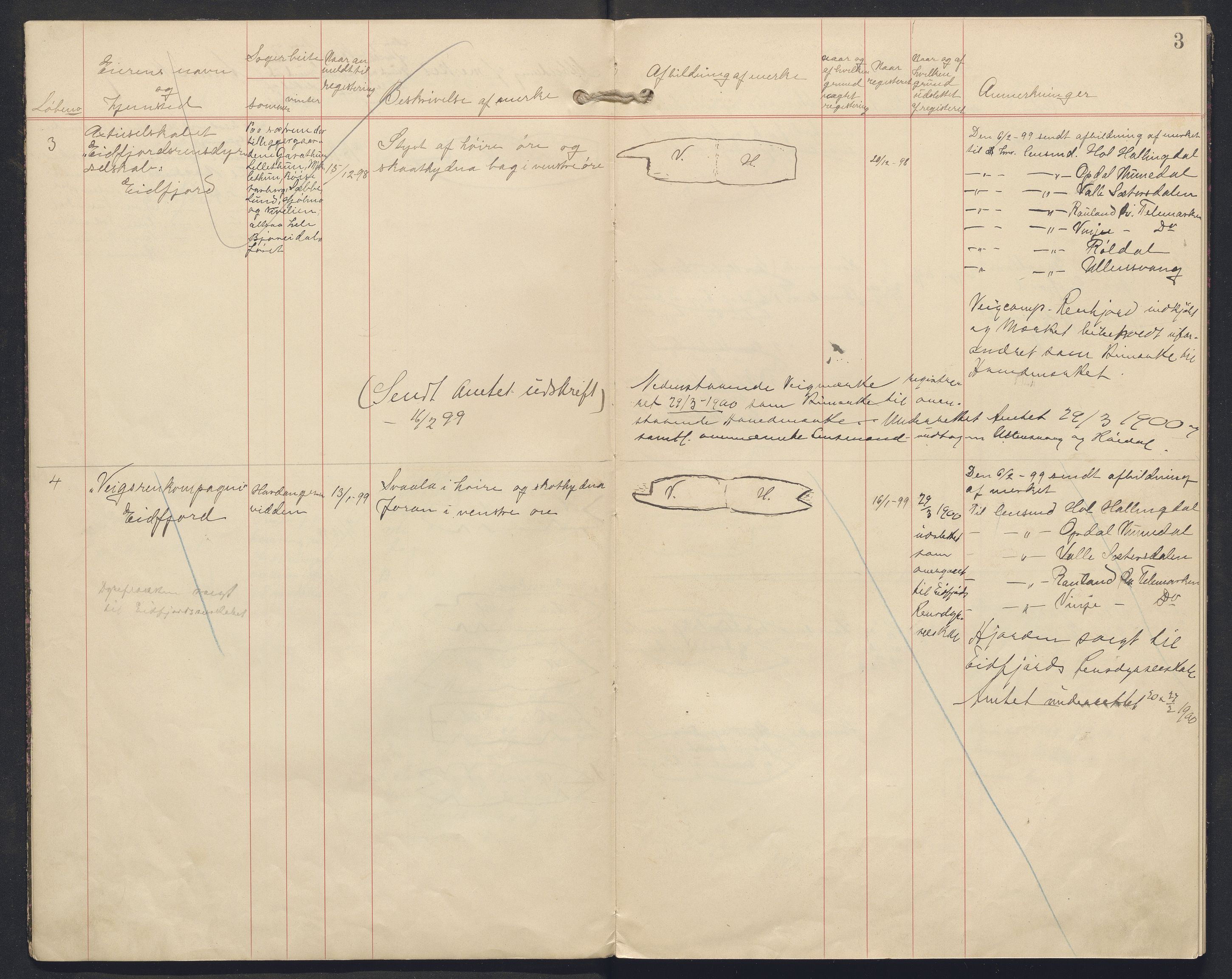 Lensmannen i Ulvik, AV/SAB-A-35601/0026/L0024: Registreringsprotokoll for reinmerker, 1898-1929, p. 3