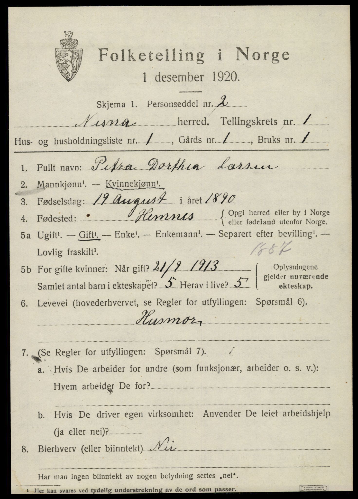 SAT, 1920 census for Nesna, 1920, p. 1241