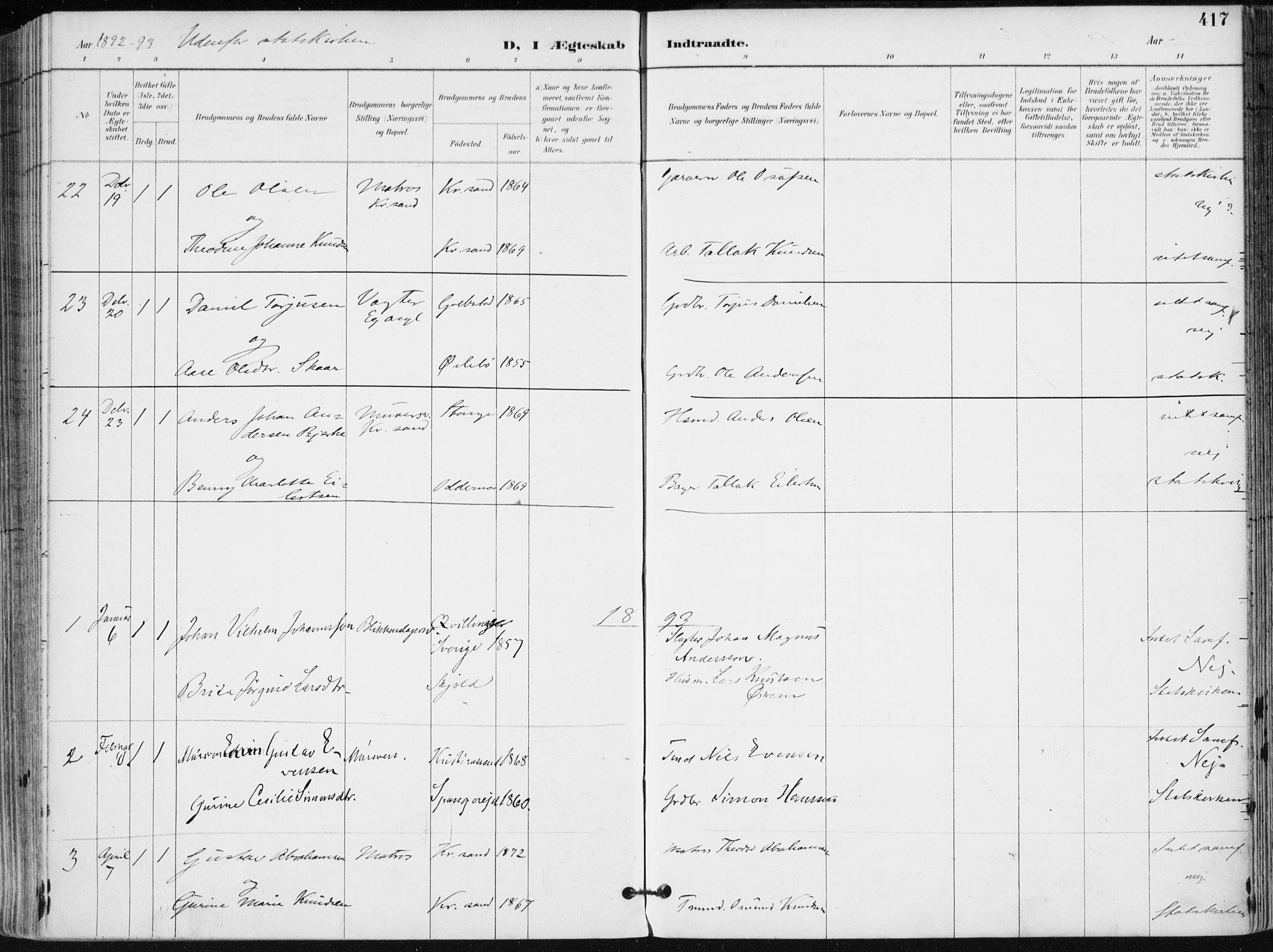 Kristiansand domprosti, AV/SAK-1112-0006/F/Fa/L0019: Parish register (official) no. A 18, 1890-1897, p. 417