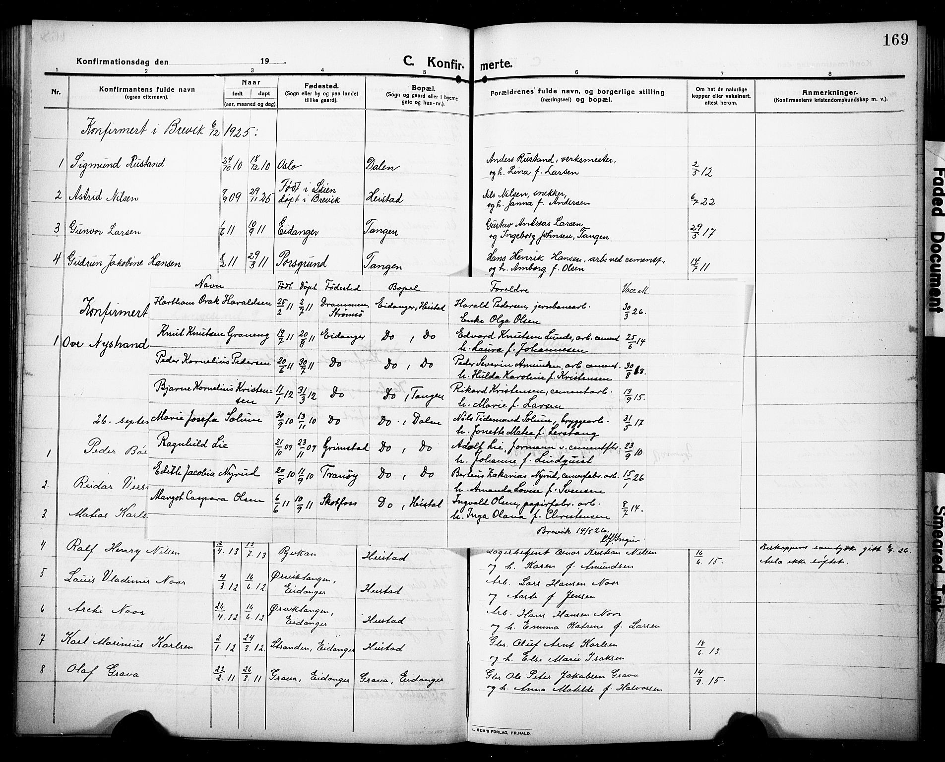 Eidanger kirkebøker, AV/SAKO-A-261/G/Ga/L0004: Parish register (copy) no. 4, 1912-1927, p. 169