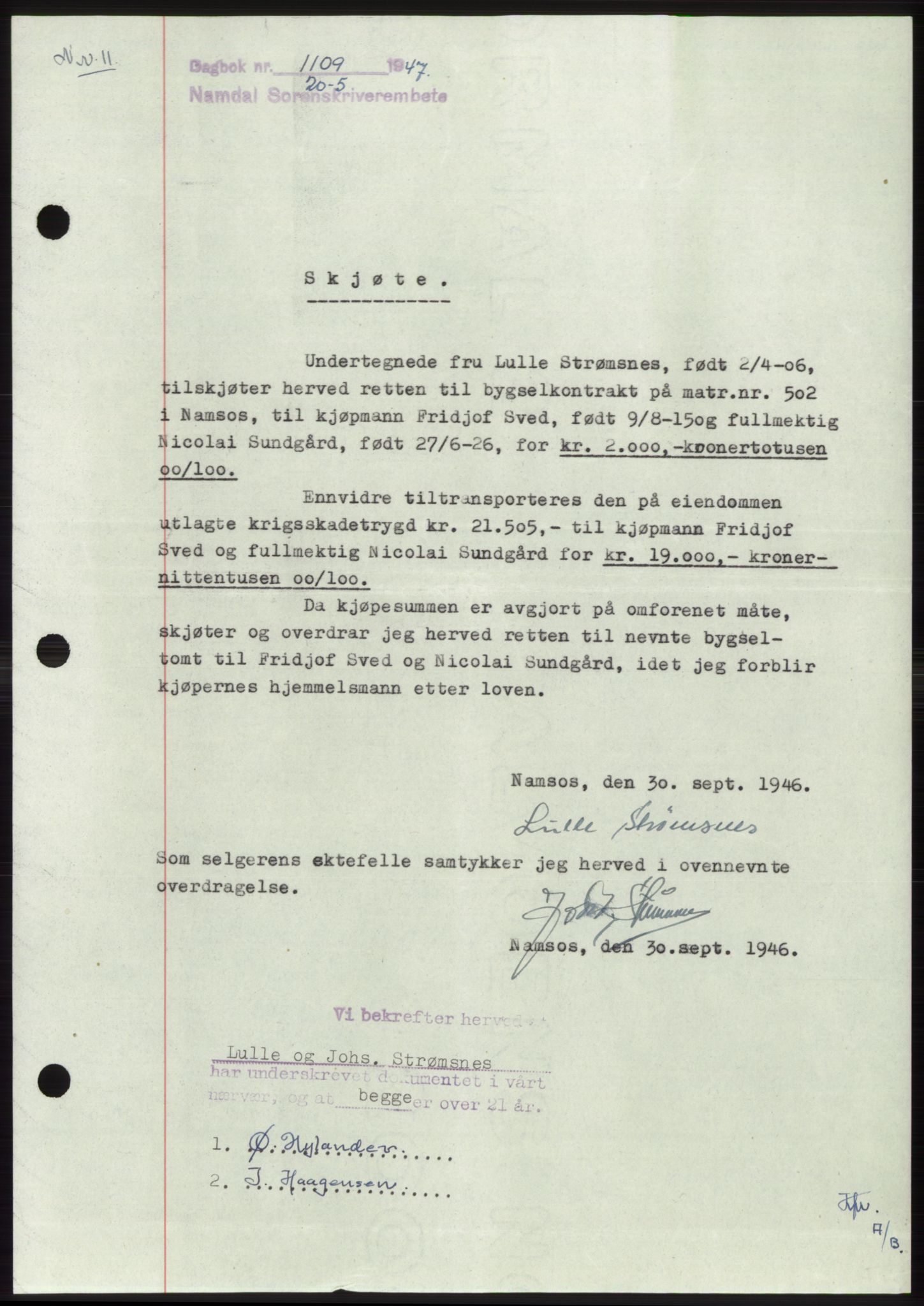 Namdal sorenskriveri, AV/SAT-A-4133/1/2/2C: Mortgage book no. -, 1947-1947, Diary no: : 1109/1947