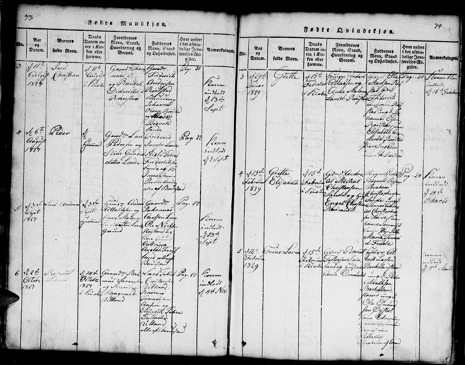 Kvinesdal sokneprestkontor, SAK/1111-0026/F/Fb/Fba/L0001: Parish register (copy) no. B 1, 1815-1839, p. 73-74