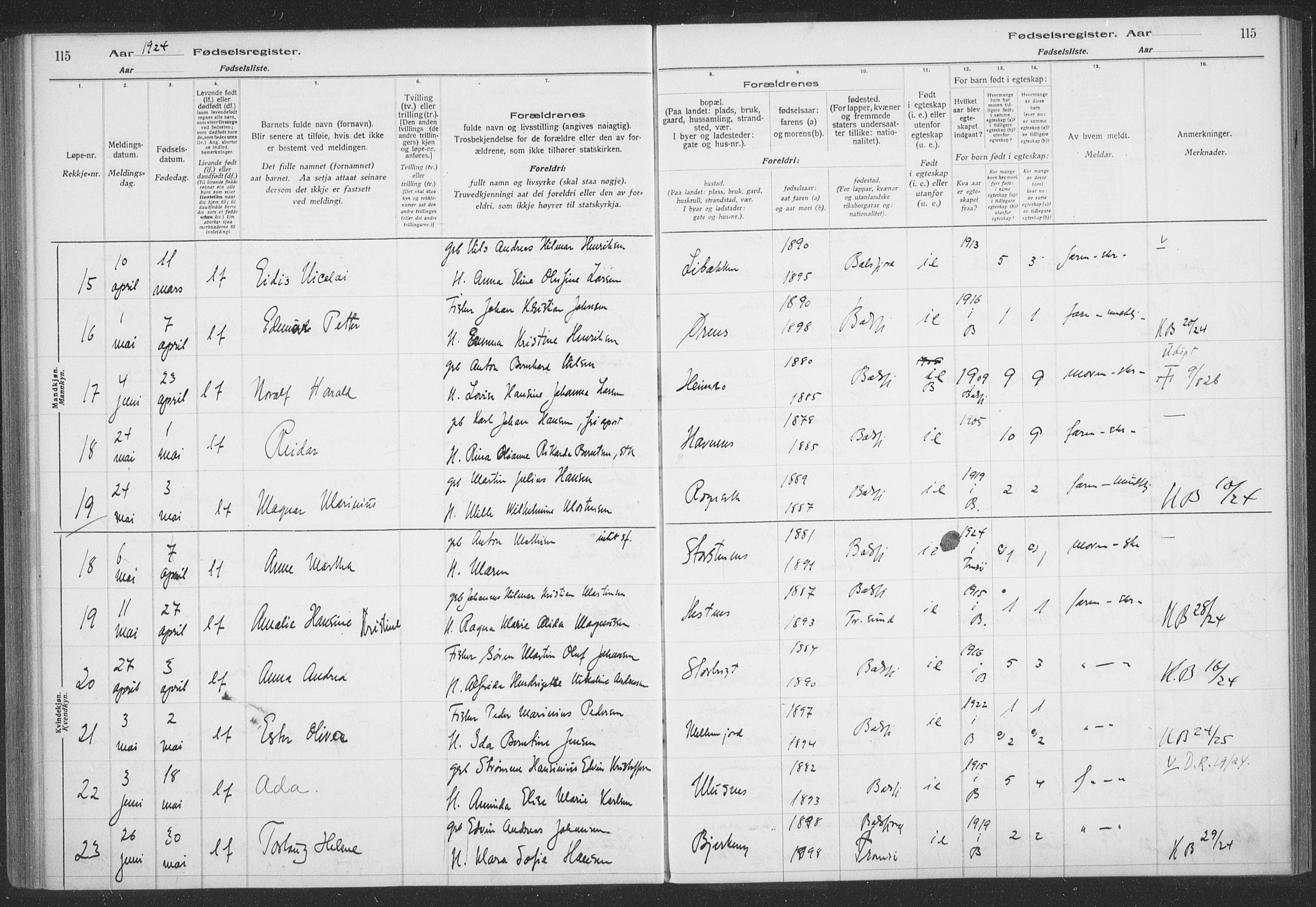 Balsfjord sokneprestembete, AV/SATØ-S-1303/H/Hb/L0059: Birth register no. 59, 1916-1930, p. 115