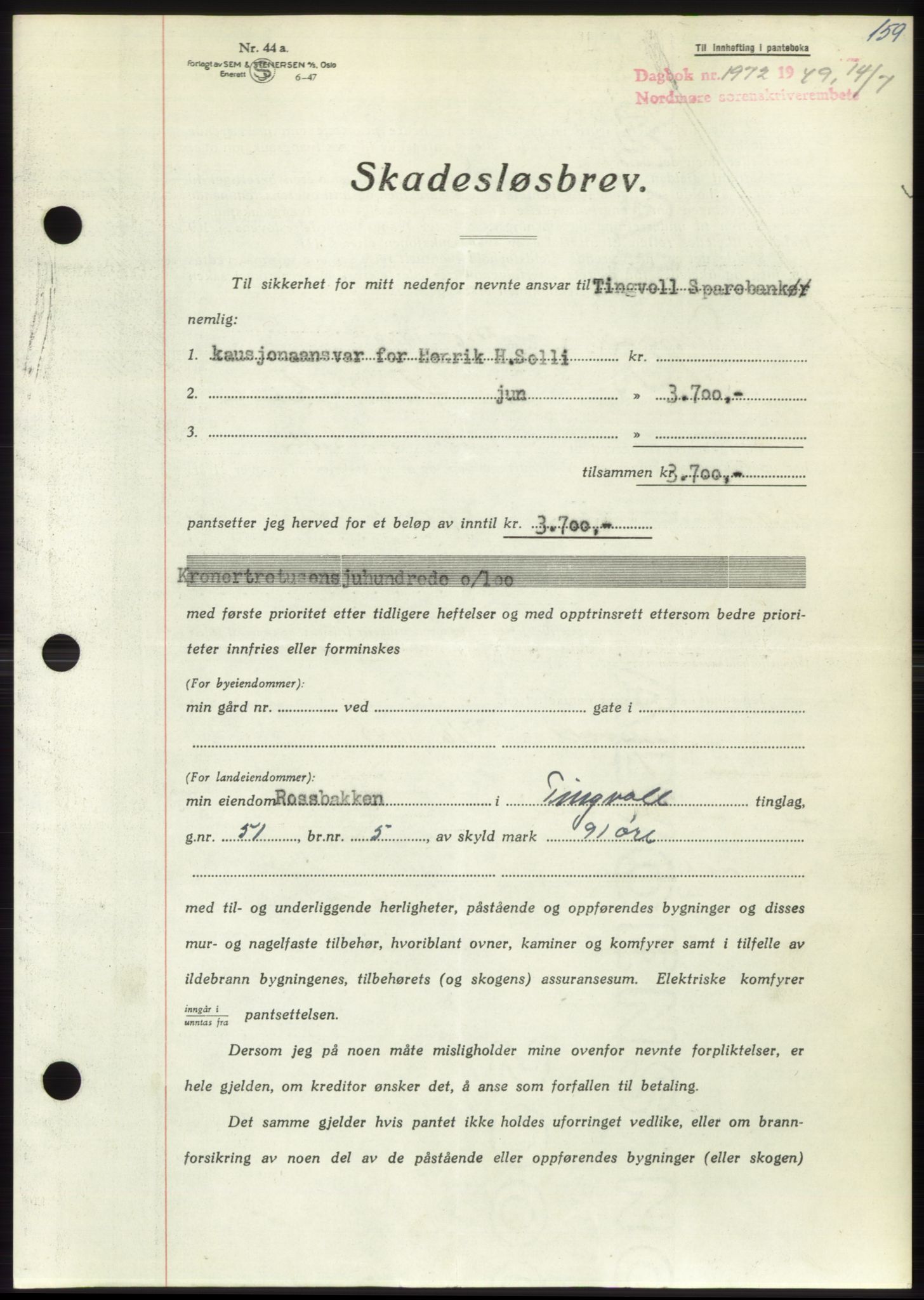 Nordmøre sorenskriveri, AV/SAT-A-4132/1/2/2Ca: Mortgage book no. B102, 1949-1949, Diary no: : 1972/1949