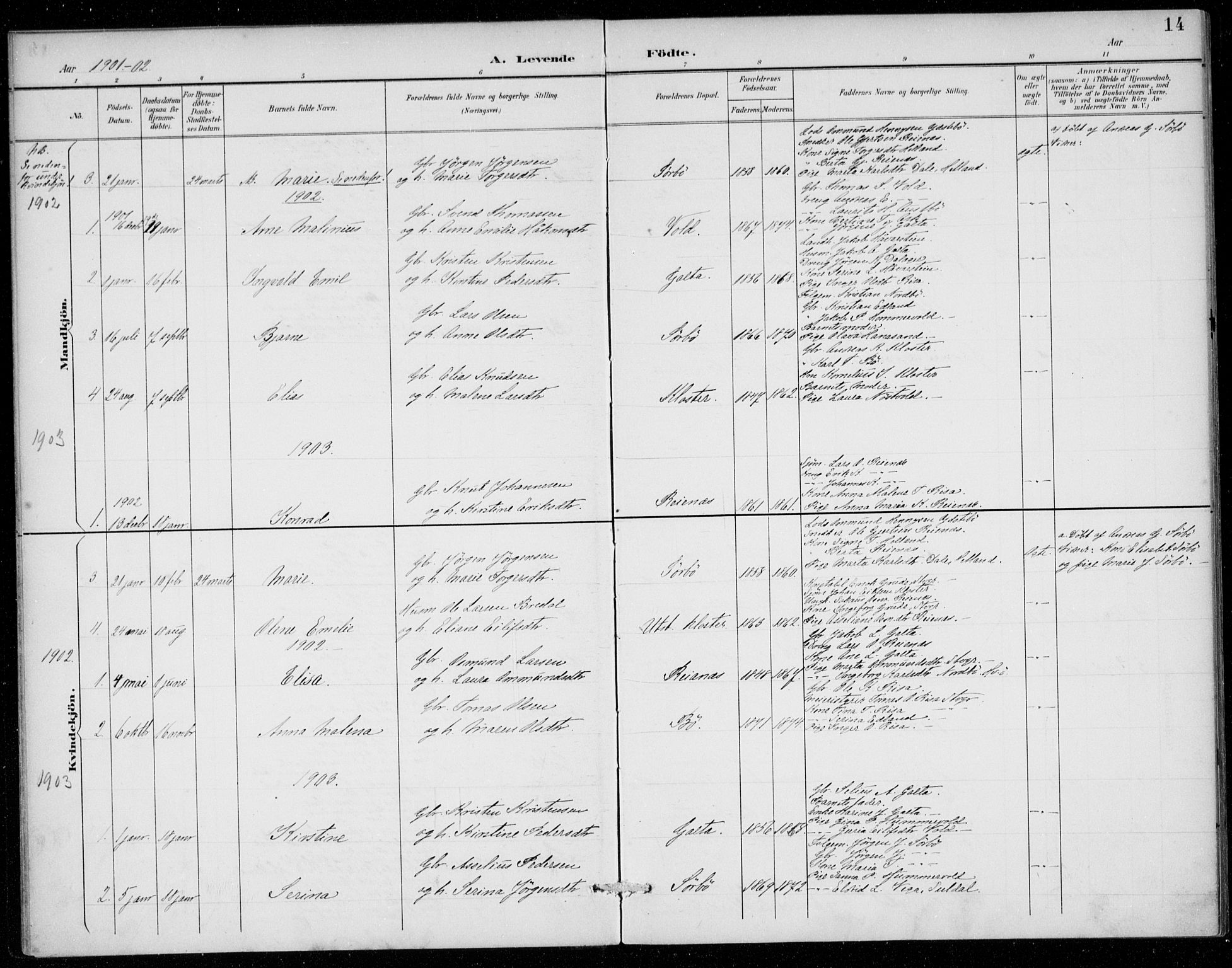 Rennesøy sokneprestkontor, AV/SAST-A -101827/H/Ha/Haa/L0016: Parish register (official) no. A 16, 1891-1924, p. 14