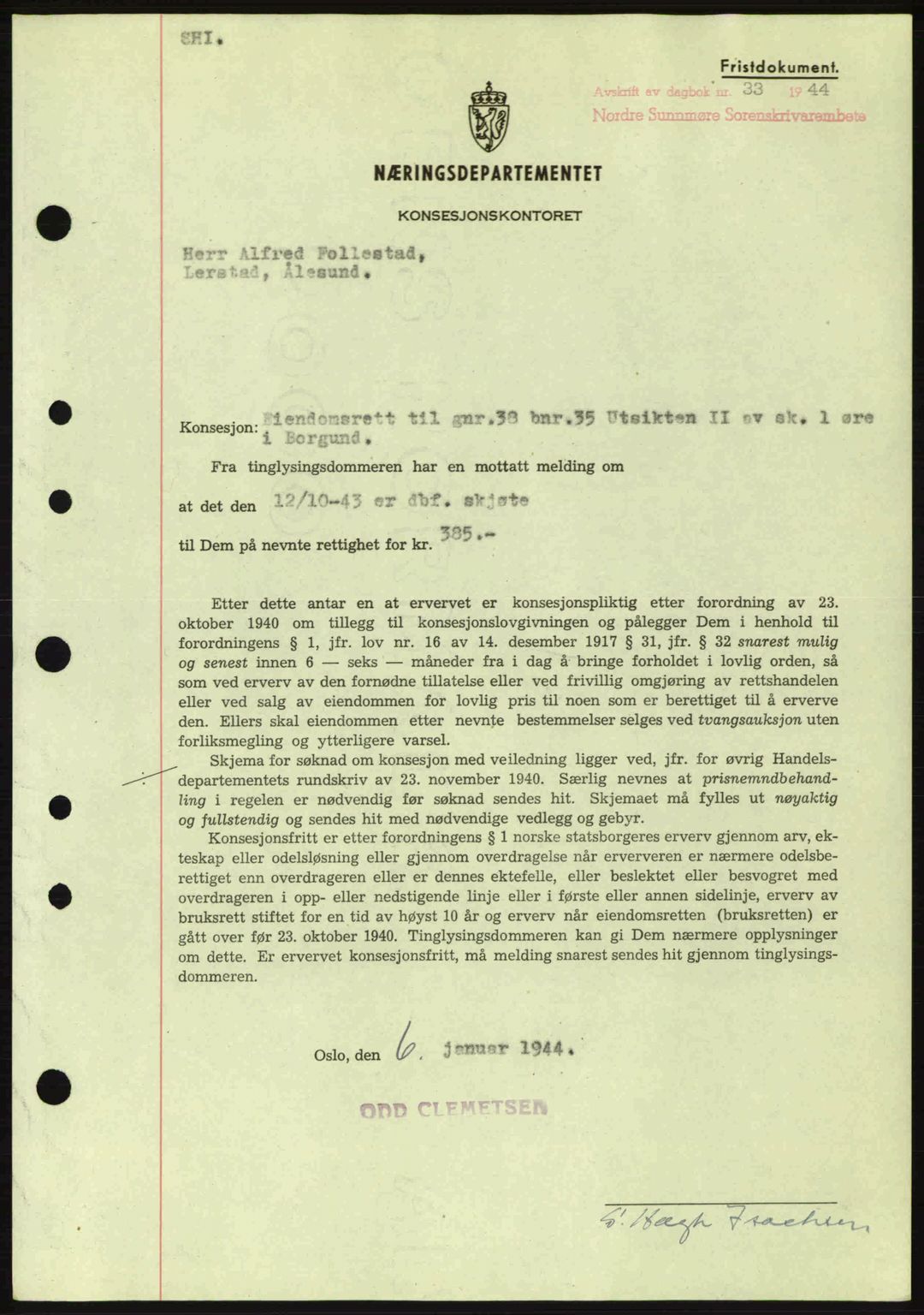 Nordre Sunnmøre sorenskriveri, SAT/A-0006/1/2/2C/2Ca: Mortgage book no. B6-14 a, 1942-1945, Diary no: : 33/1944