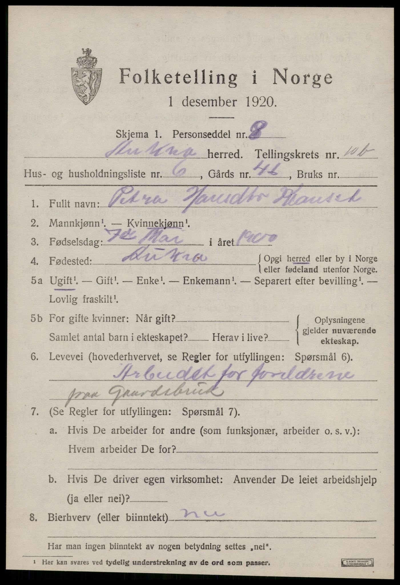 SAT, 1920 census for Aukra, 1920, p. 5045