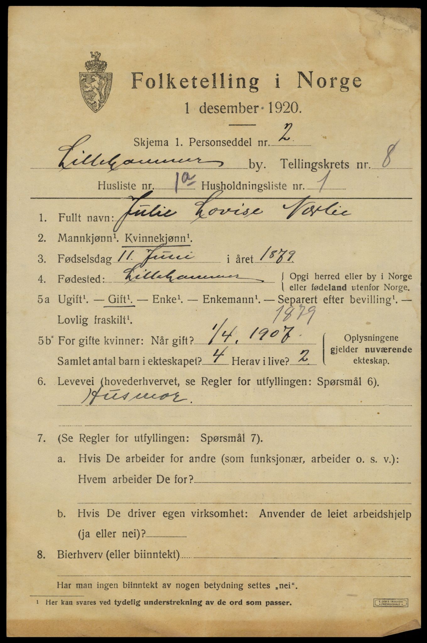 SAH, 1920 census for Lillehammer, 1920, p. 10382