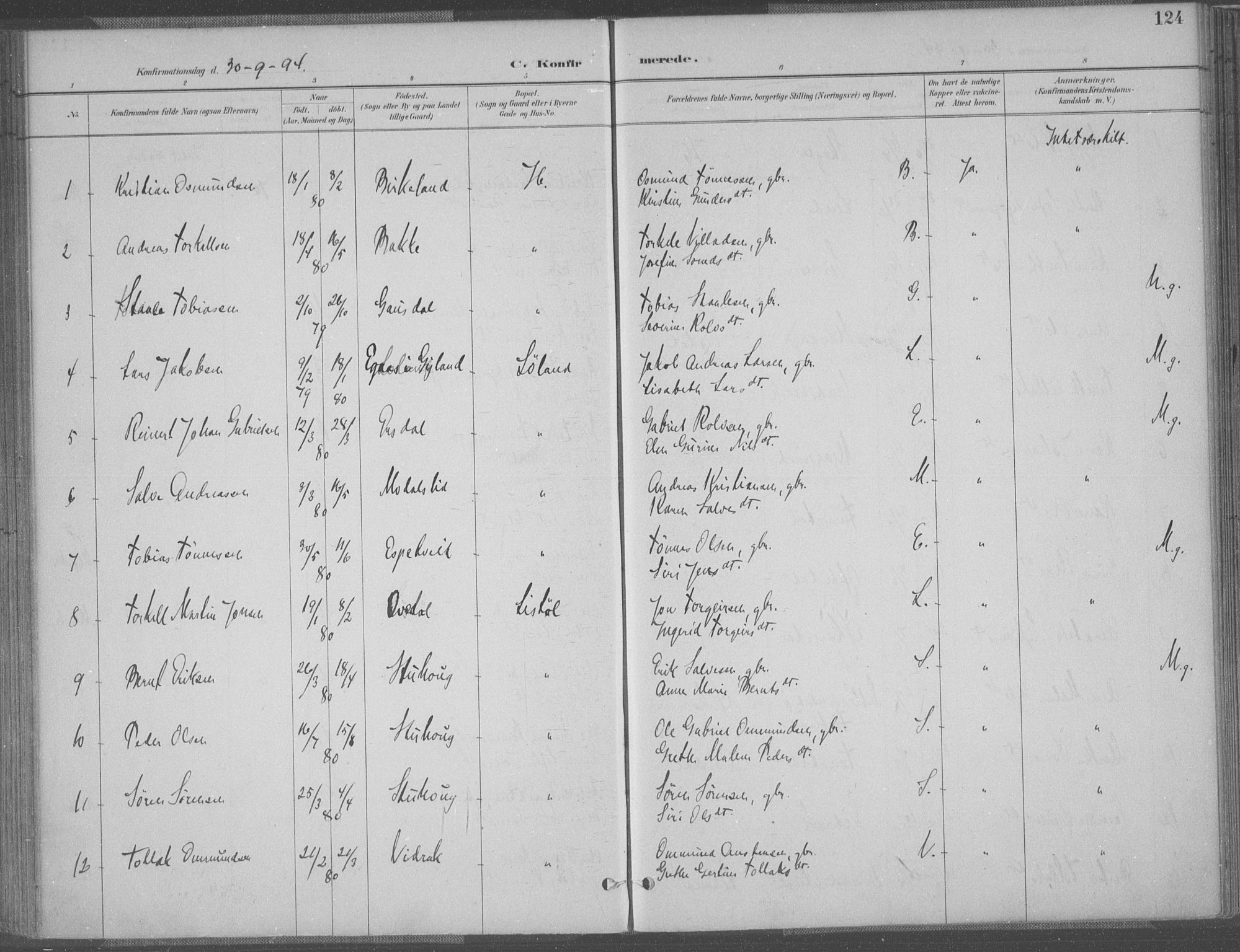 Bakke sokneprestkontor, SAK/1111-0002/F/Fa/Faa/L0008: Parish register (official) no. A 8, 1887-1911, p. 124