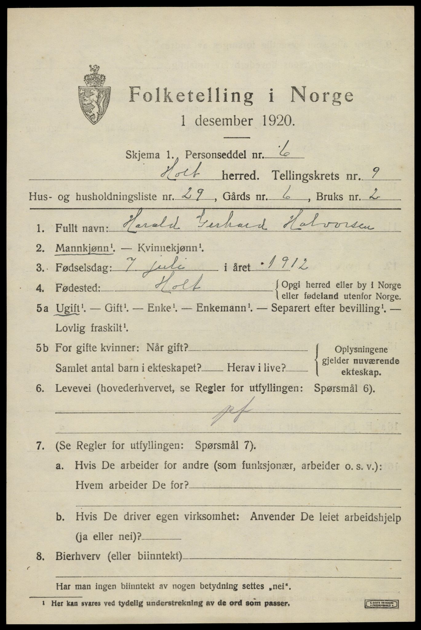 SAK, 1920 census for Holt, 1920, p. 5424