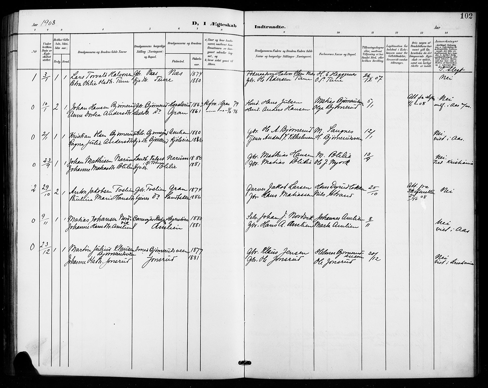 Vestre Toten prestekontor, SAH/PREST-108/H/Ha/Hab/L0016: Parish register (copy) no. 16, 1901-1915, p. 102