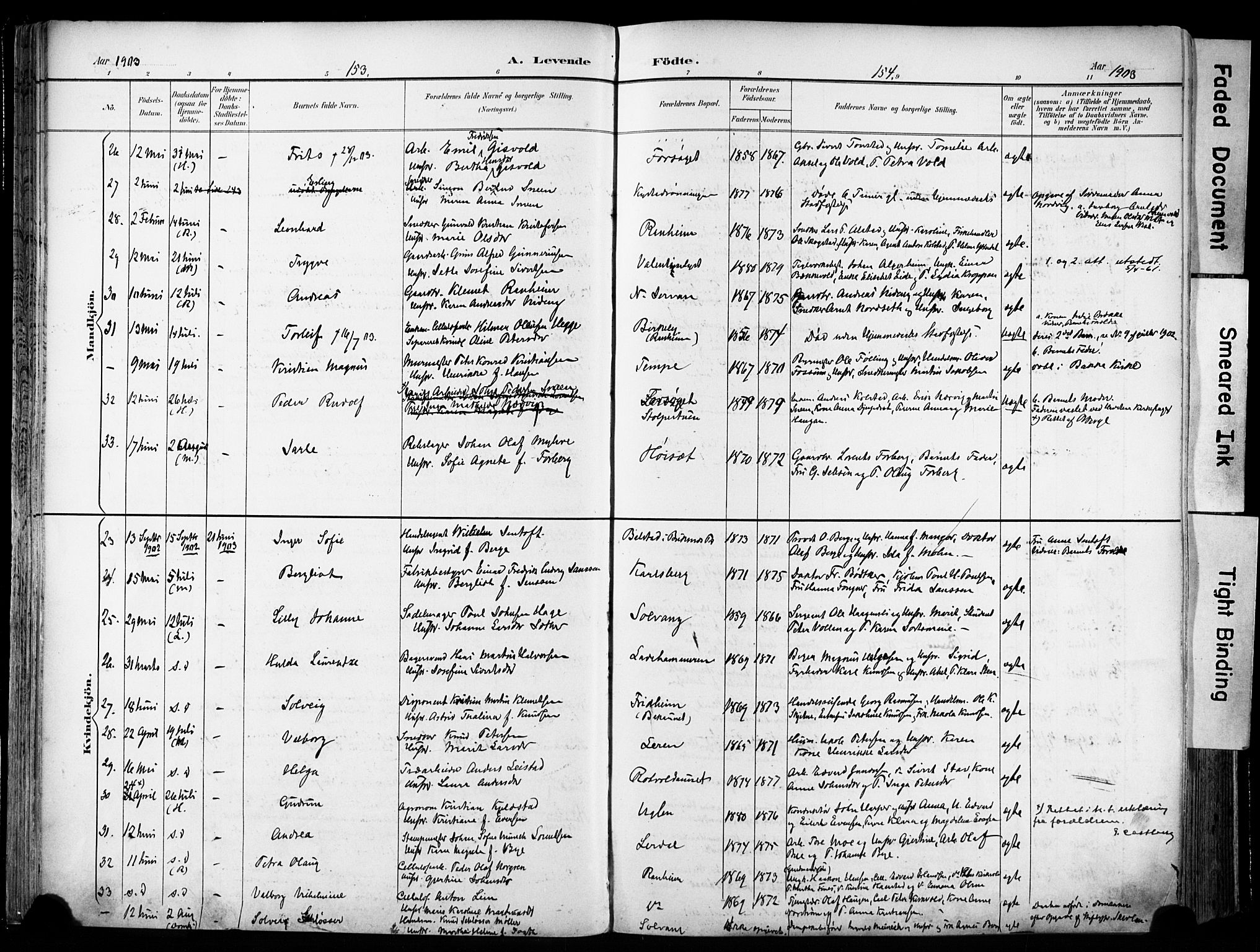 Ministerialprotokoller, klokkerbøker og fødselsregistre - Sør-Trøndelag, SAT/A-1456/606/L0301: Parish register (official) no. 606A16, 1894-1907, p. 153-154