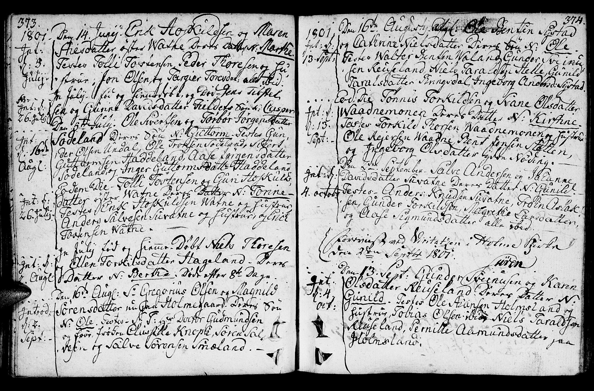 Holum sokneprestkontor, AV/SAK-1111-0022/F/Fa/Faa/L0003: Parish register (official) no. A 3, 1780-1821, p. 373-374