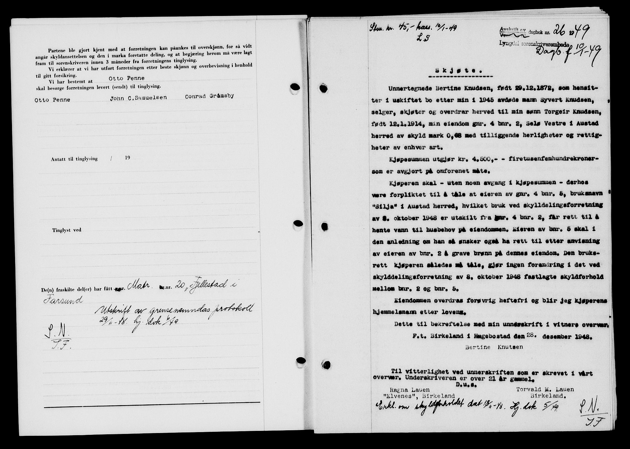 Lyngdal sorenskriveri, AV/SAK-1221-0004/G/Gb/L0663: Mortgage book no. A IX, 1948-1949, Diary no: : 26/1949